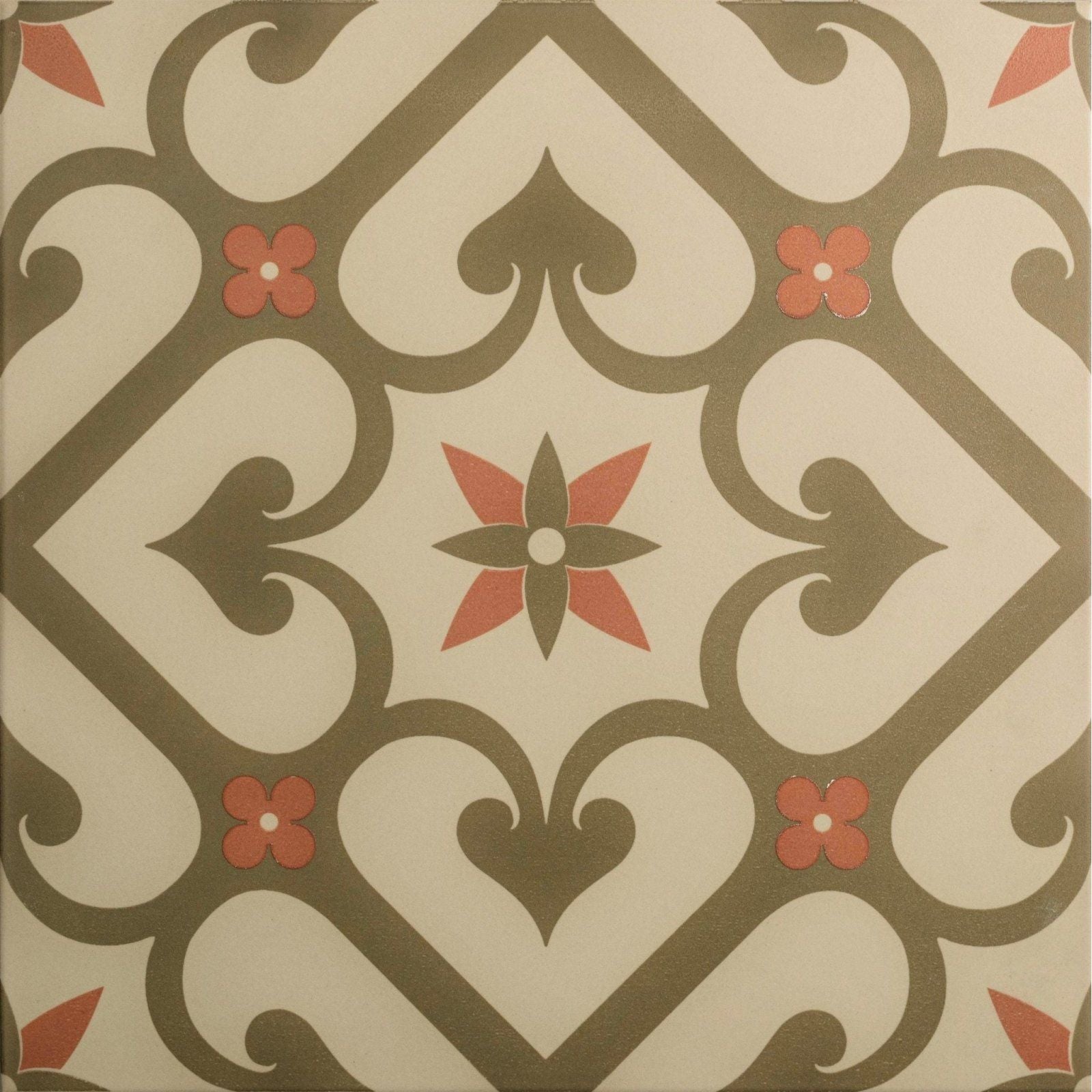 Beige and terracotta floral patterned ceramic tile with ornate brown scrollwork from epogue rose collection