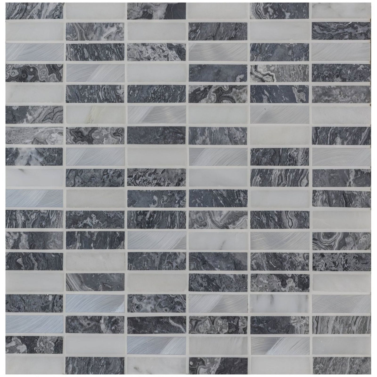 Eris running brick mosaic tile with gray and white marble featuring dark swirling patterns and lighter veining