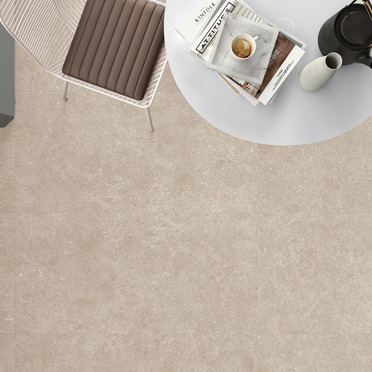 Beige textured essence earth tile flooring 60 x 120cm ideal for modern indoor spaces with natural stone look