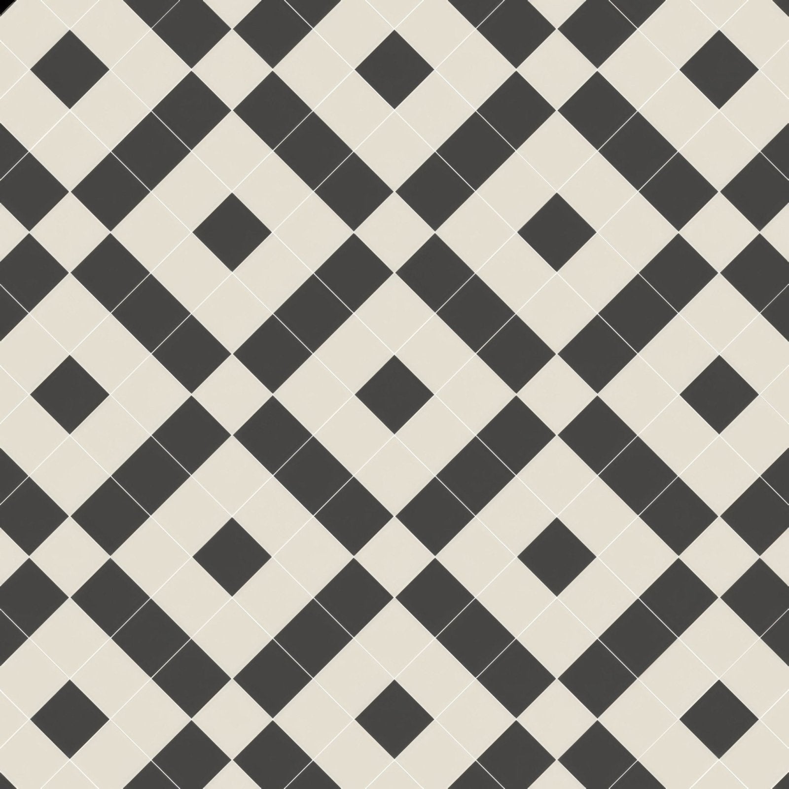 Exeter black and dover white diamond-patterned ceramic floor tile in black and cream colors for interior flooring