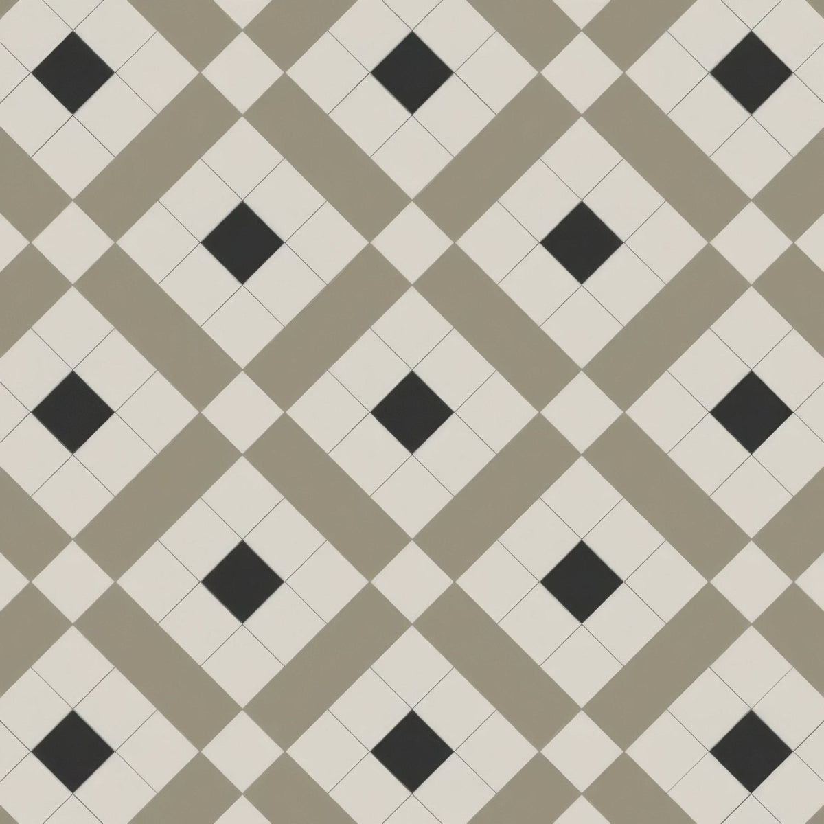 Geometric patterned floor tile with repeating diamond design in black exeter, dover white, and holkham dune tones
