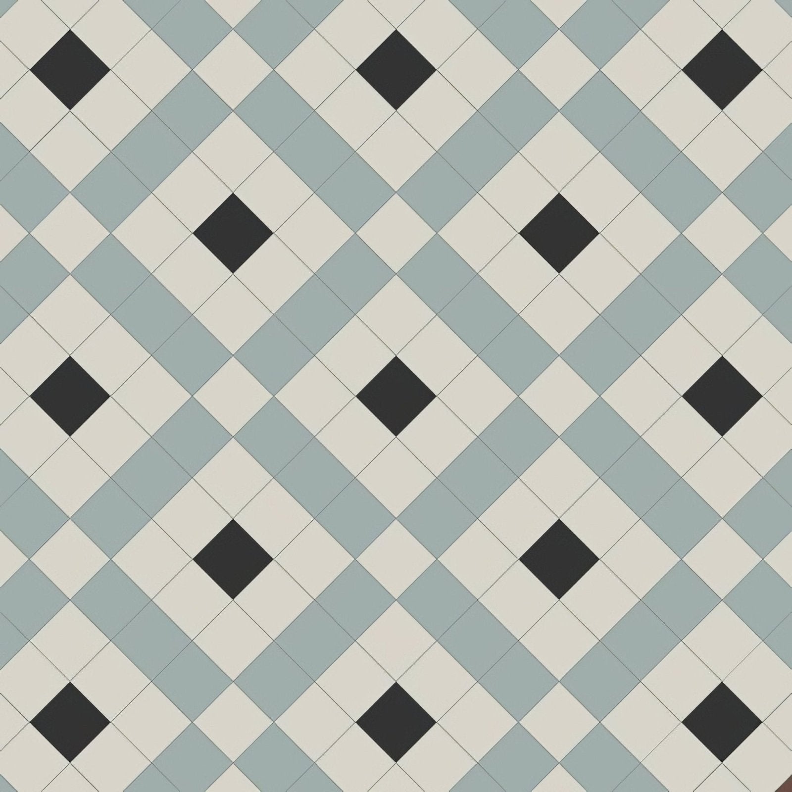 Geometric patterned floor tiles in a repeating diamond design with light blue off-white and black accents exeter black grey dover white