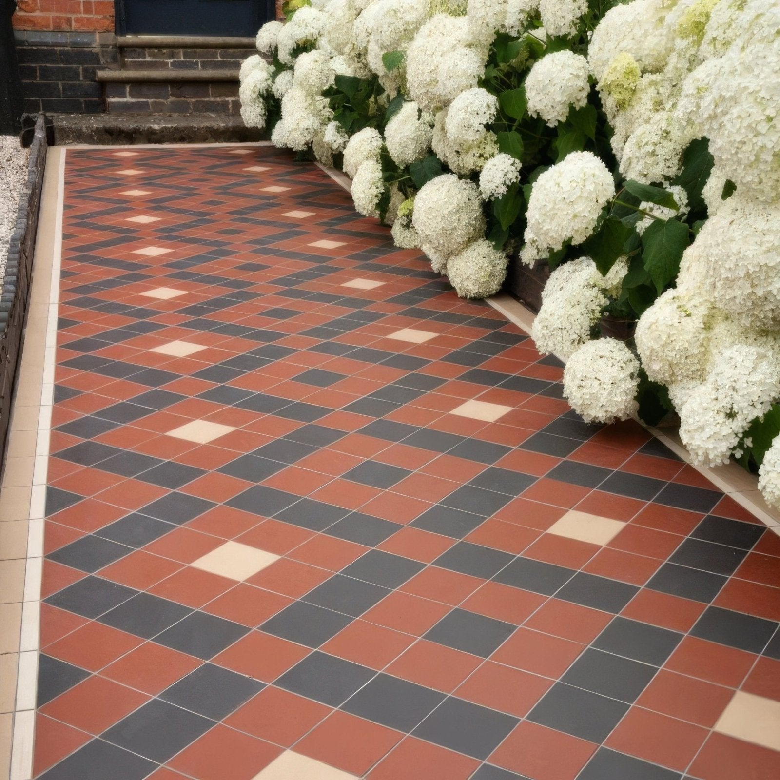 Exeter black red and white checkered patio tiles with red black and beige pattern for outdoor flooring