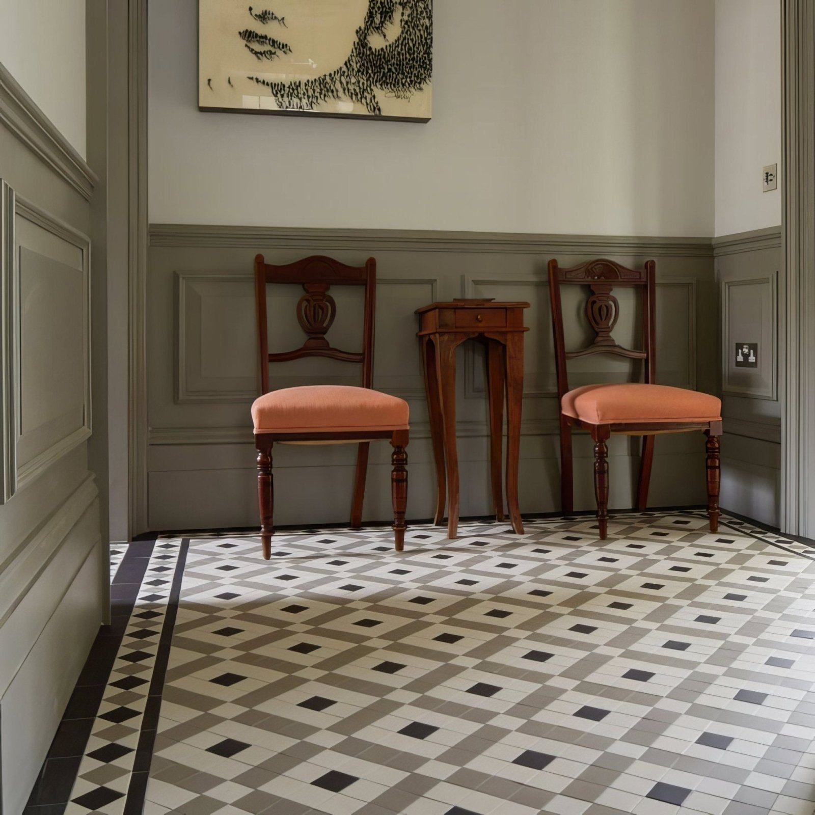 Two exeter chester mews wooden chairs with ornate carvings and peach upholstered seats in dover white hallway