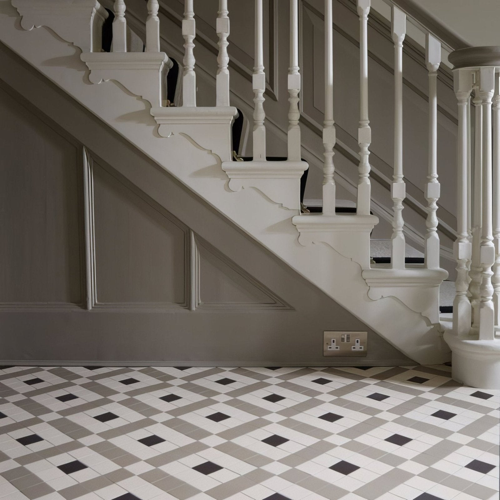 White ornate staircase with decorative balusters and newel posts in exeter chester mews and dover white finish