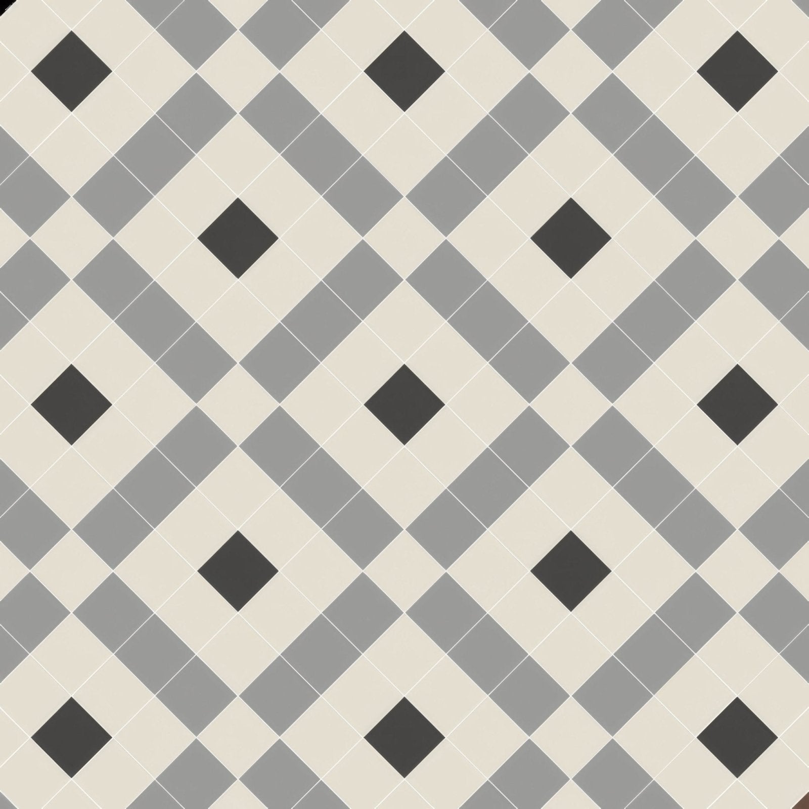 Gray and black diamond patterned Exeter Chester Mews and Dover White tile flooring for stylish interior spaces