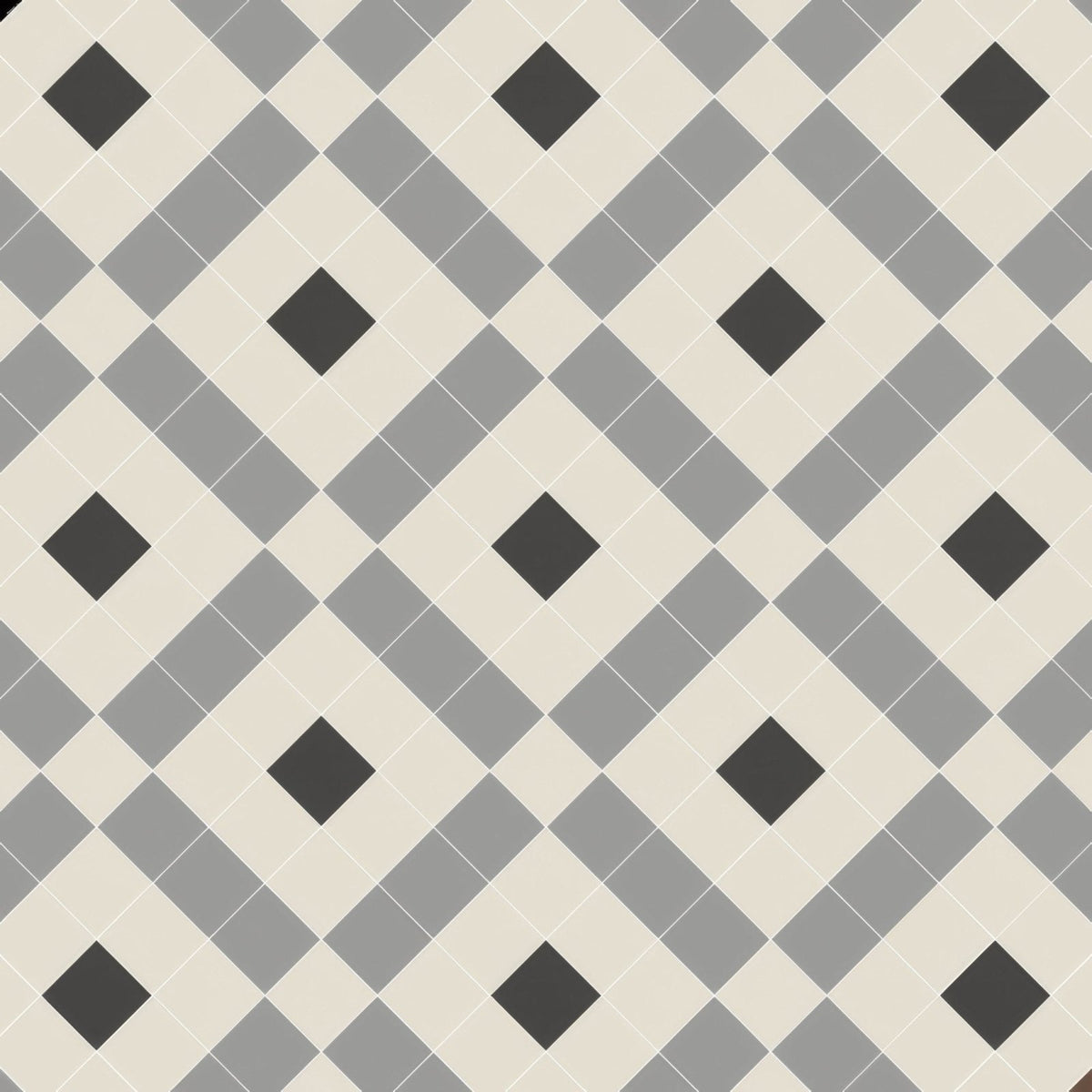 Gray and black diamond patterned Exeter Chester Mews and Dover White tile flooring for stylish interior spaces