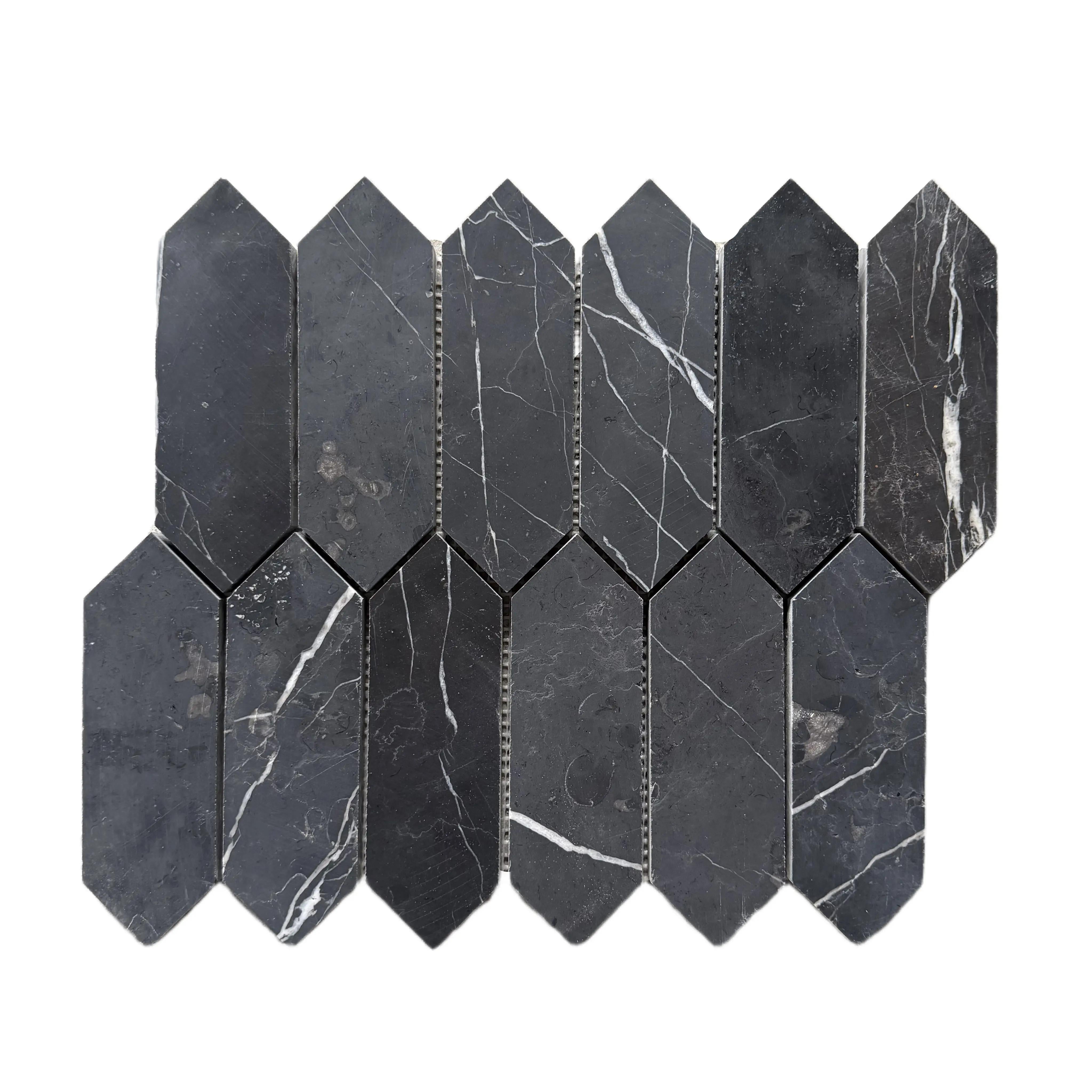 Full mesh-backed sheet of honed Nero Marquina black marble picket mosaic