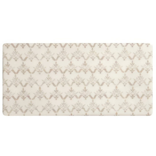 Beige rectangular bath mat fabrique clara soft taupe with repeating silver-toned damask pattern for bathroom use