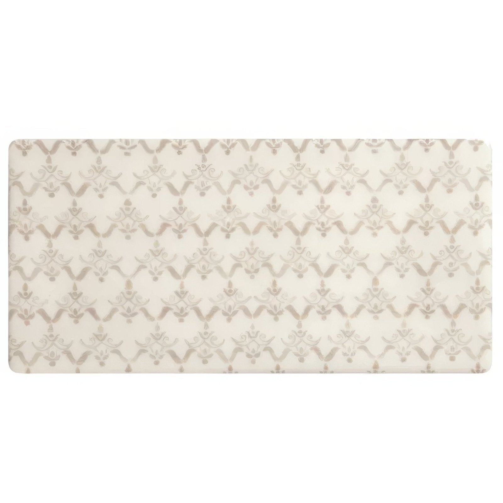 Beige rectangular bath mat fabrique clara soft taupe with repeating silver-toned damask pattern for bathroom use