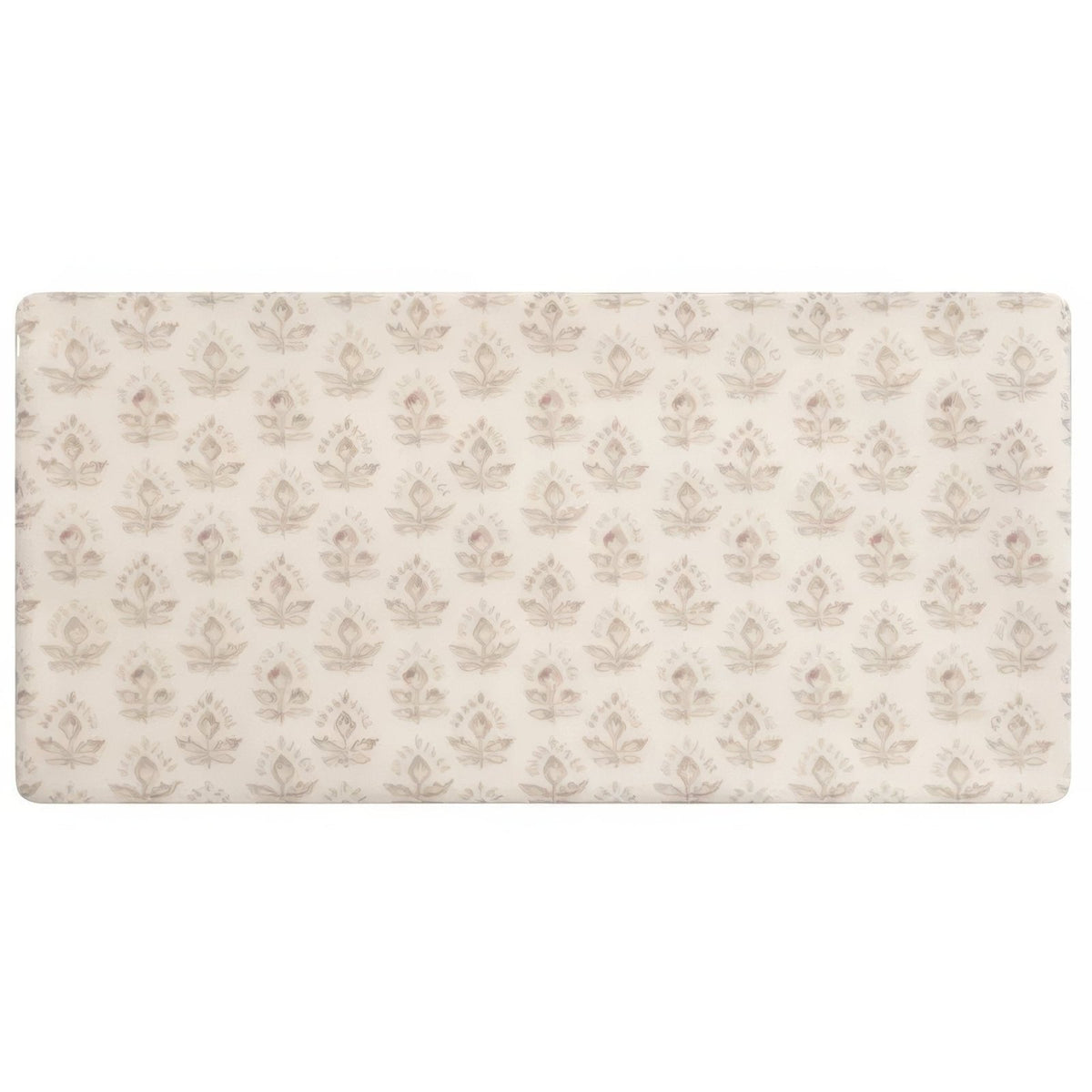 Beige rectangular Fabrique Picot mat with a repeating damask floral pattern in soft taupe and cream tones