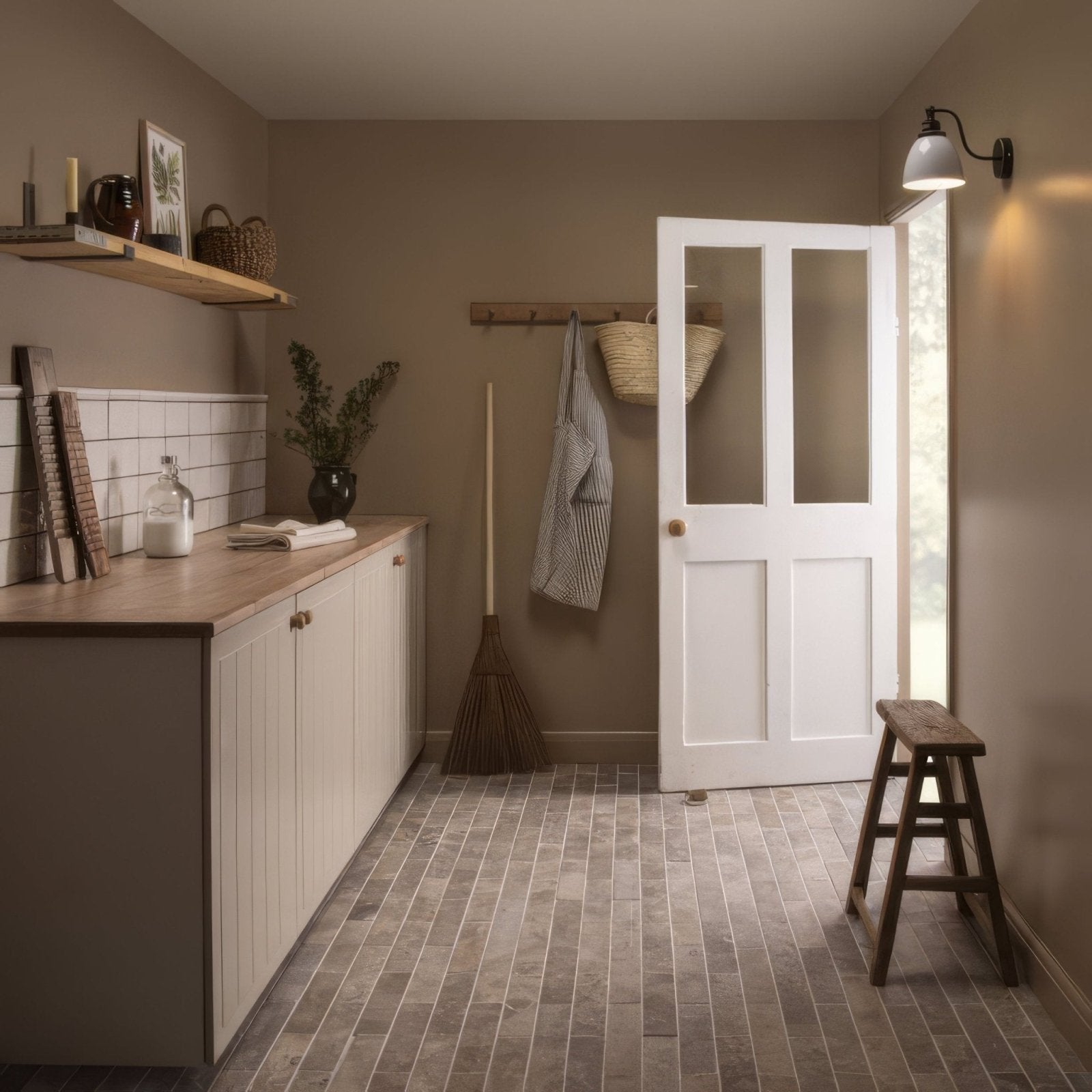 White paneled door with glass panels and round brass knob in soft taupe finish from fabrique rosaline collection