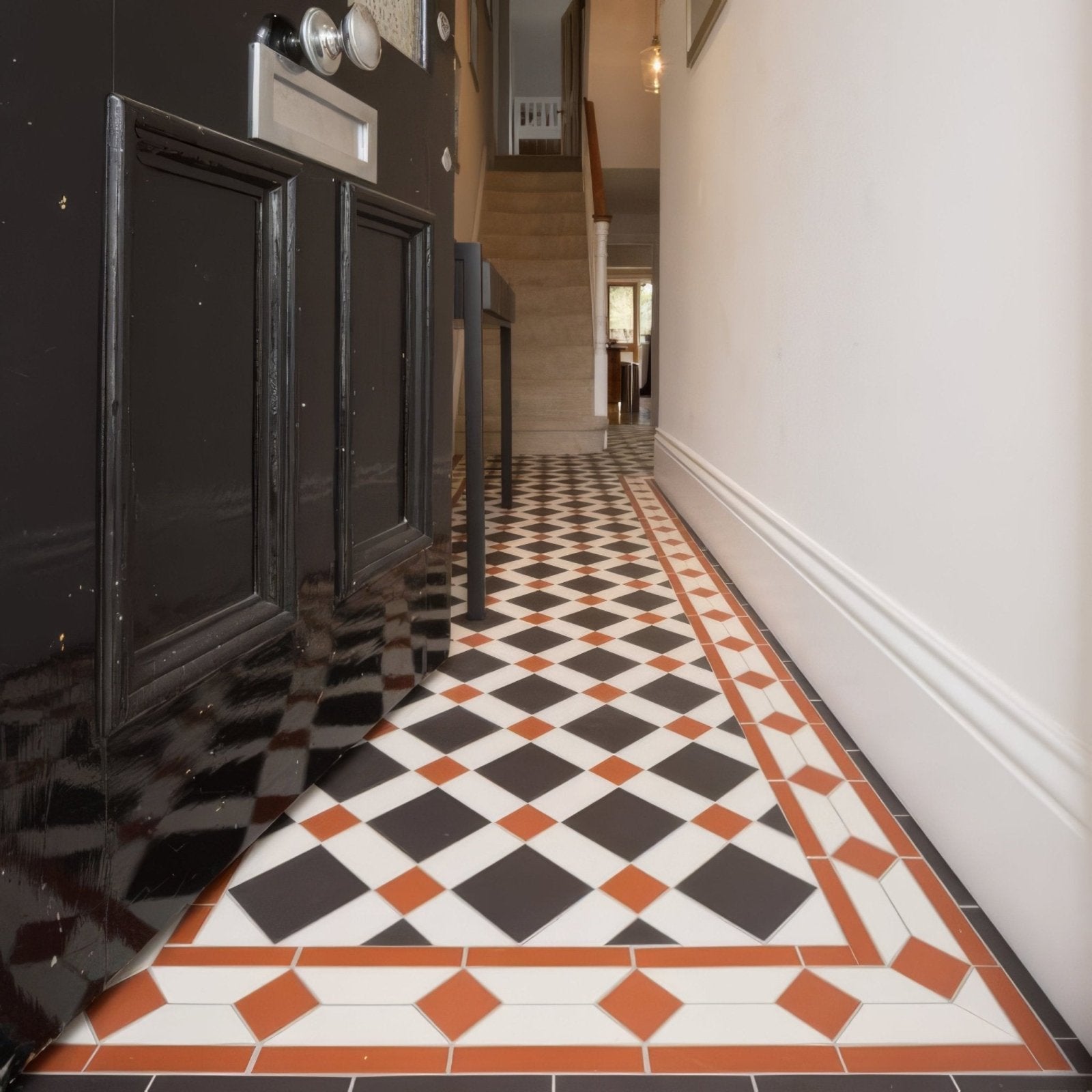 Falkirk black white and red mosaic tile flooring with black white and terracotta diamond pattern and decorative border