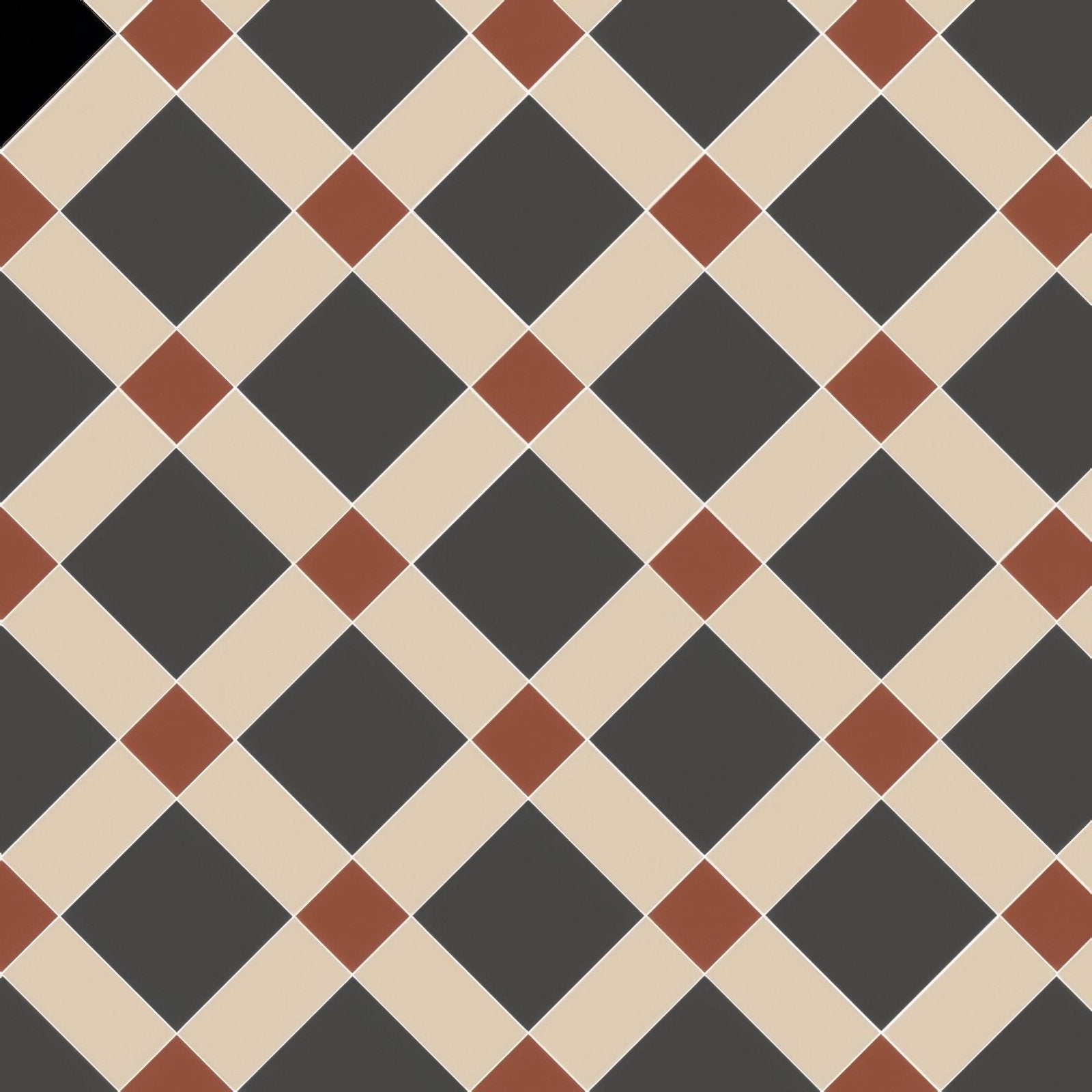 Falkirk black white and red ceramic floor tiles with black beige and terracotta diamond pattern arranged diagonally