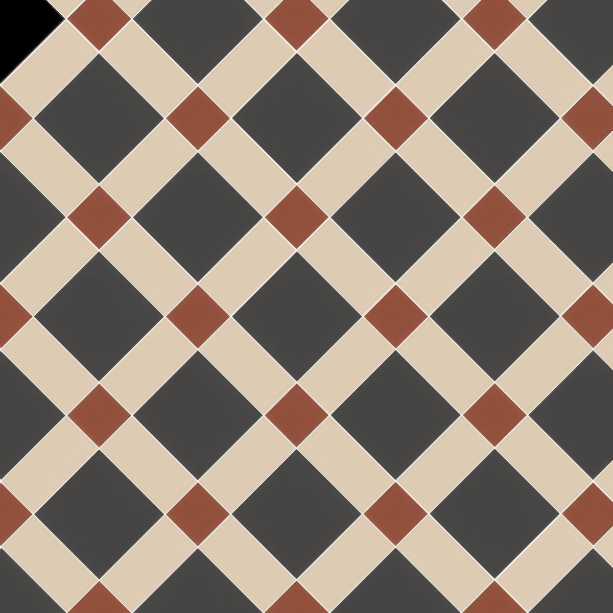 Falkirk black white and red ceramic floor tiles with black beige and terracotta diamond pattern arranged diagonally