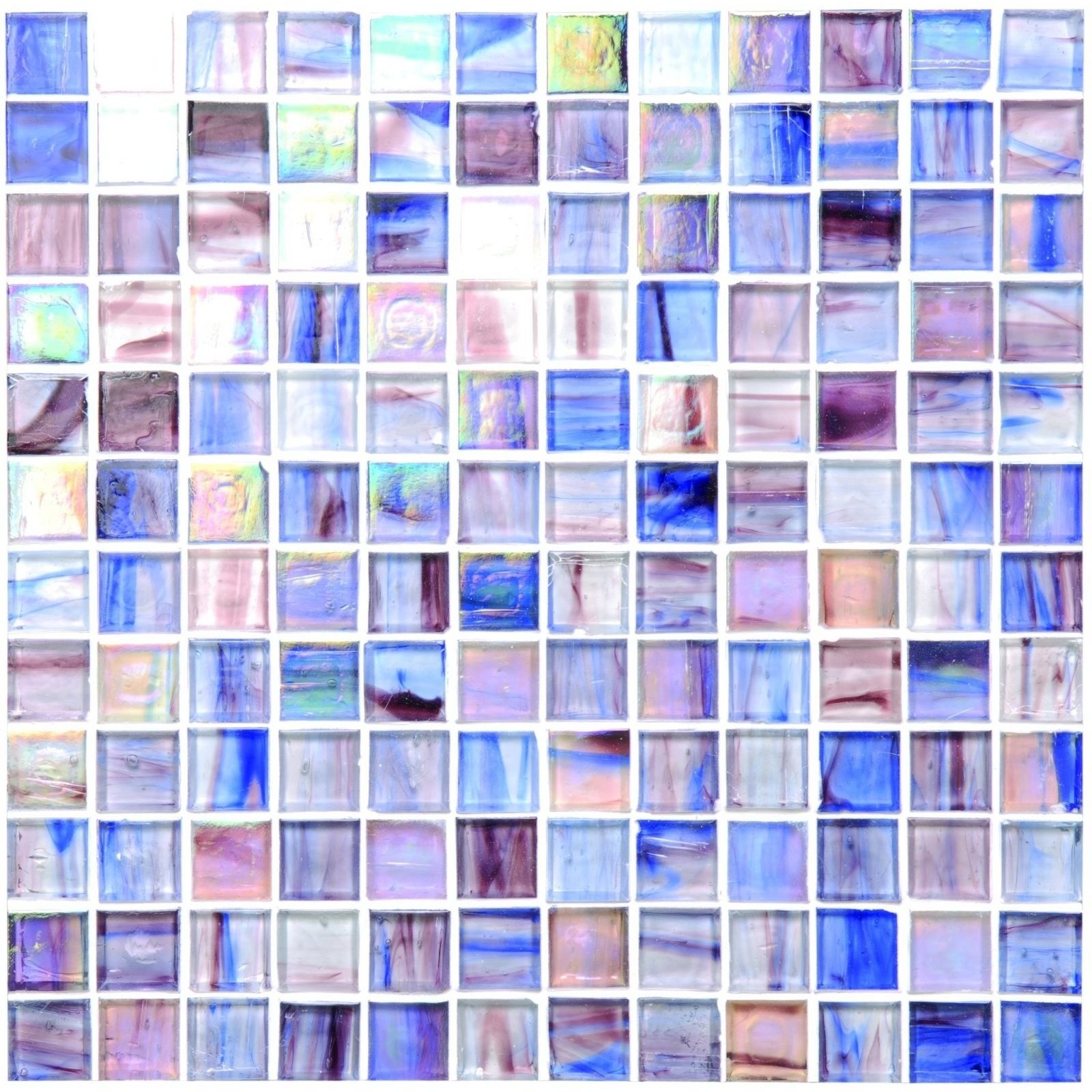 A fantasy film faced mosaic panel with 25mm iridescent glass tiles in blues purples and soft pinks with subtle swirls