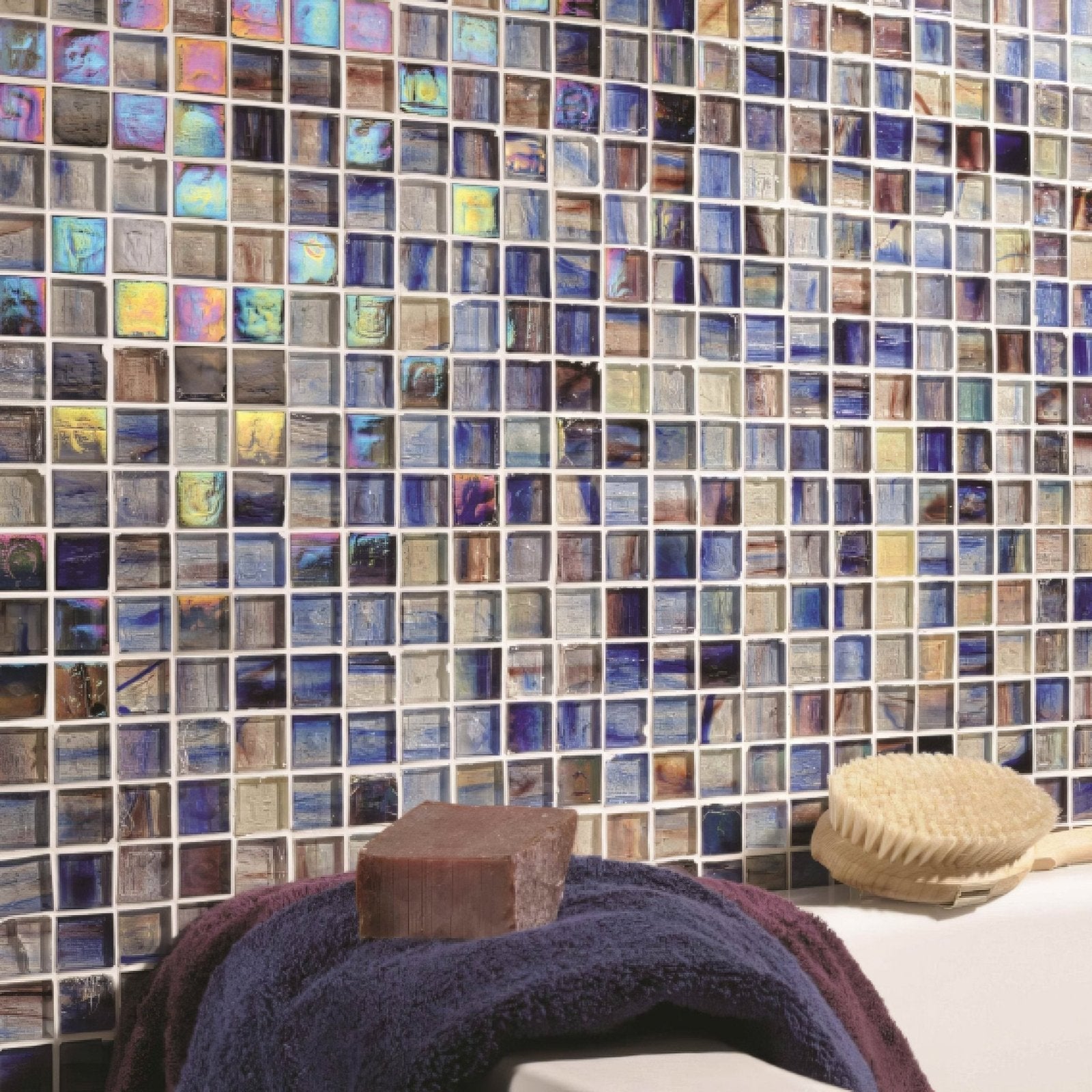 Iridescent blue and purple fantasy film faced mosaic 25mm tile wall with glossy finish and intricate pattern
