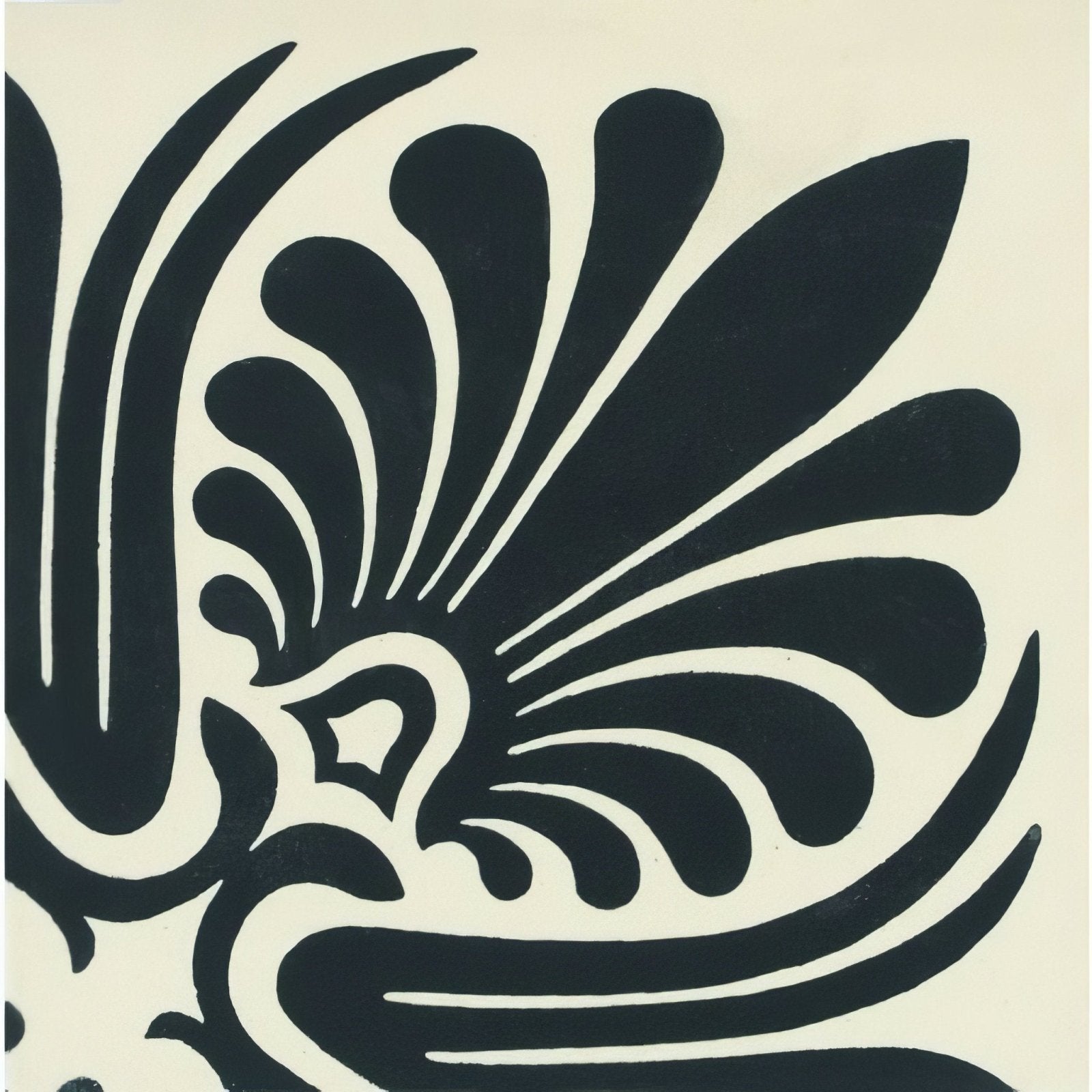 Faraday corner black on white fabric with a stylized black and white floral pattern on a cream background