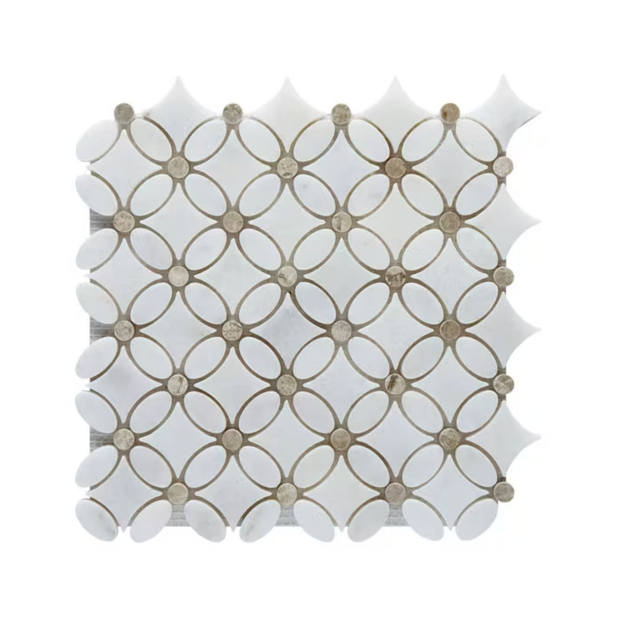 Full sheet of Carrara white and Silver Shadow polished marble flower mosaic laid flat