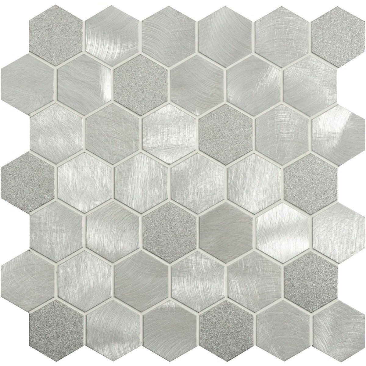 Fenrir silver mixed finish hexagon mosaic tile with brushed metallic silver hexagonal tiles and subtle glitter accents