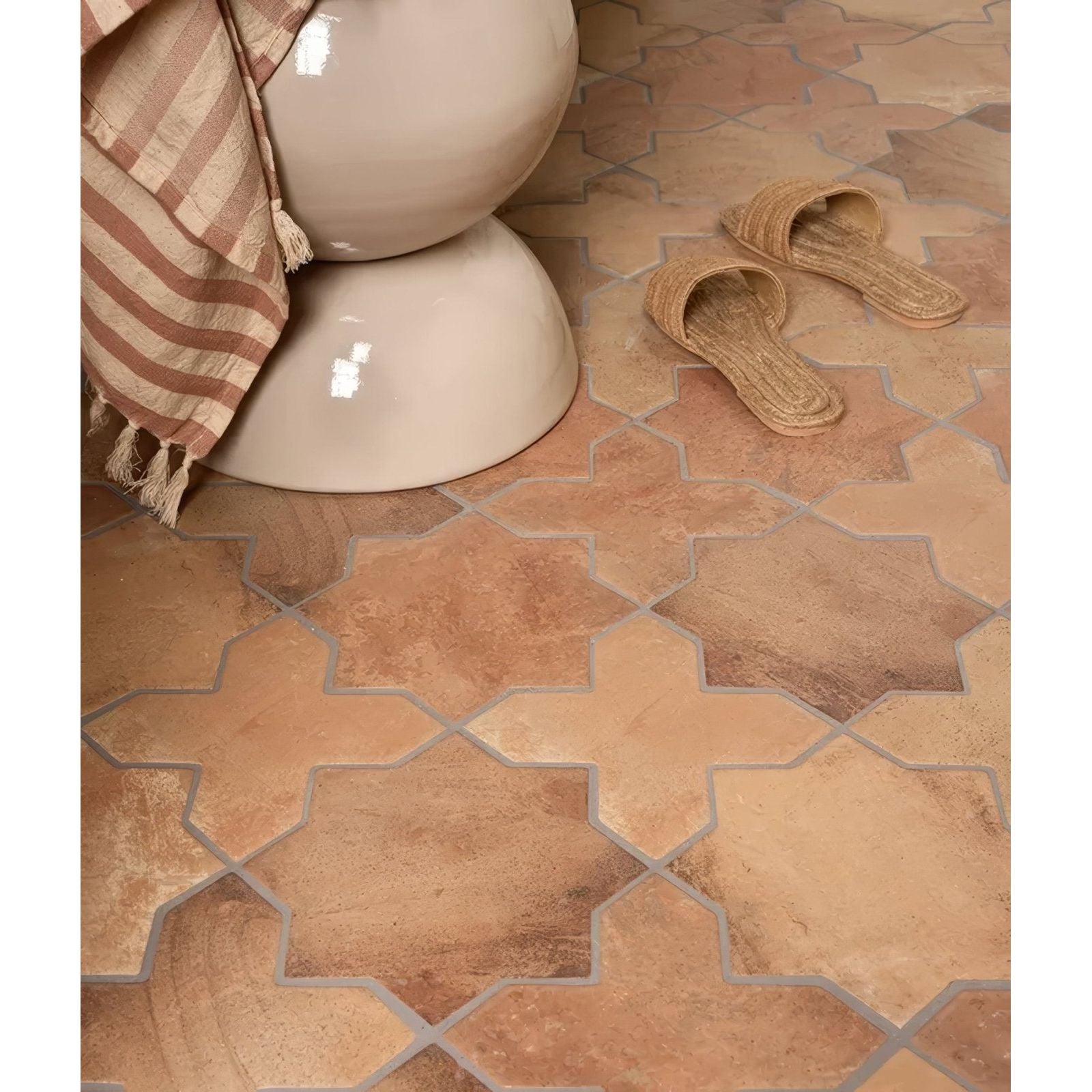 Fez porcelain star cotto terracotta hexagonal floor tiles with rustic earthy finish and subtle gray grout lines