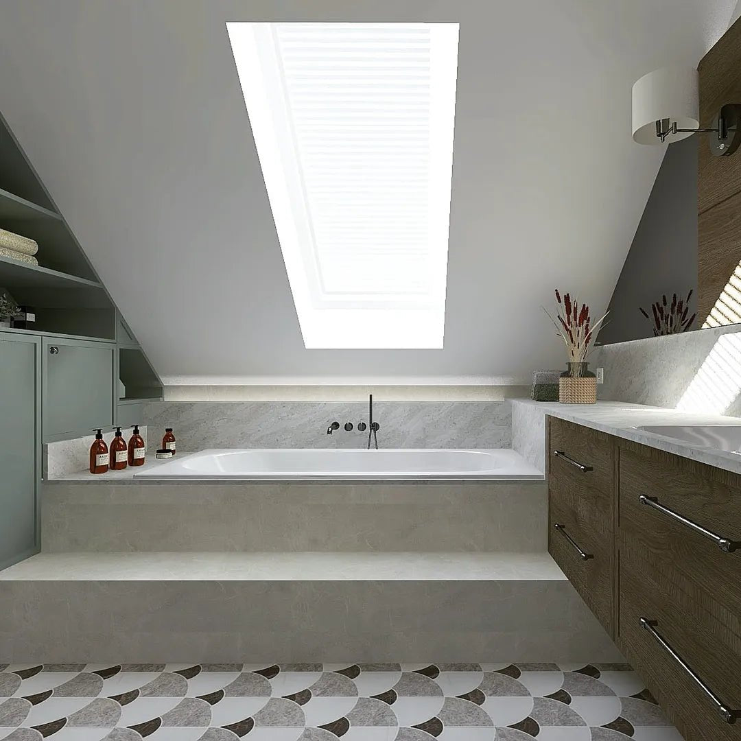 Figure Shell Dark Mosaic grey and white marble scallop mosaic behind a white bathtub