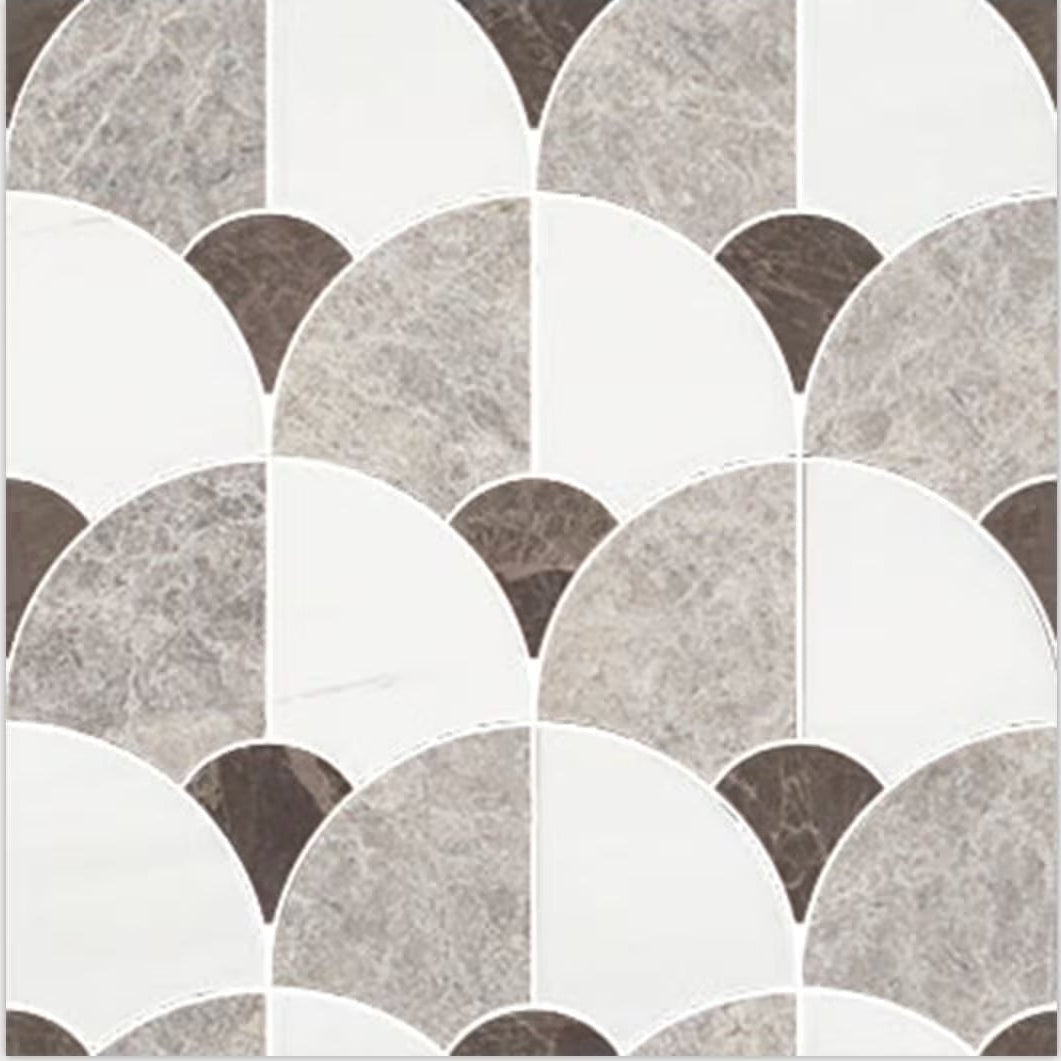 Gray and white marble-patterned tiles with fan-shaped design in figure shell dark mosaic for decorative use