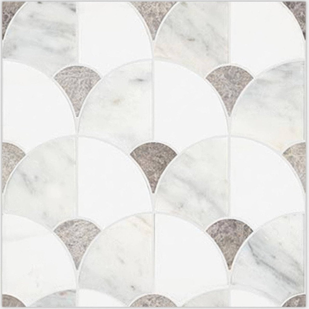 White and gray marble mosaic tile with scalloped fan-like pattern in figure shell light mosaic design