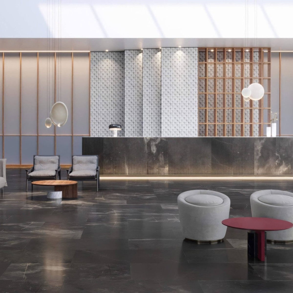 Figure Shell Light Mosaic white and grey marble fan mosaic on a reception desk