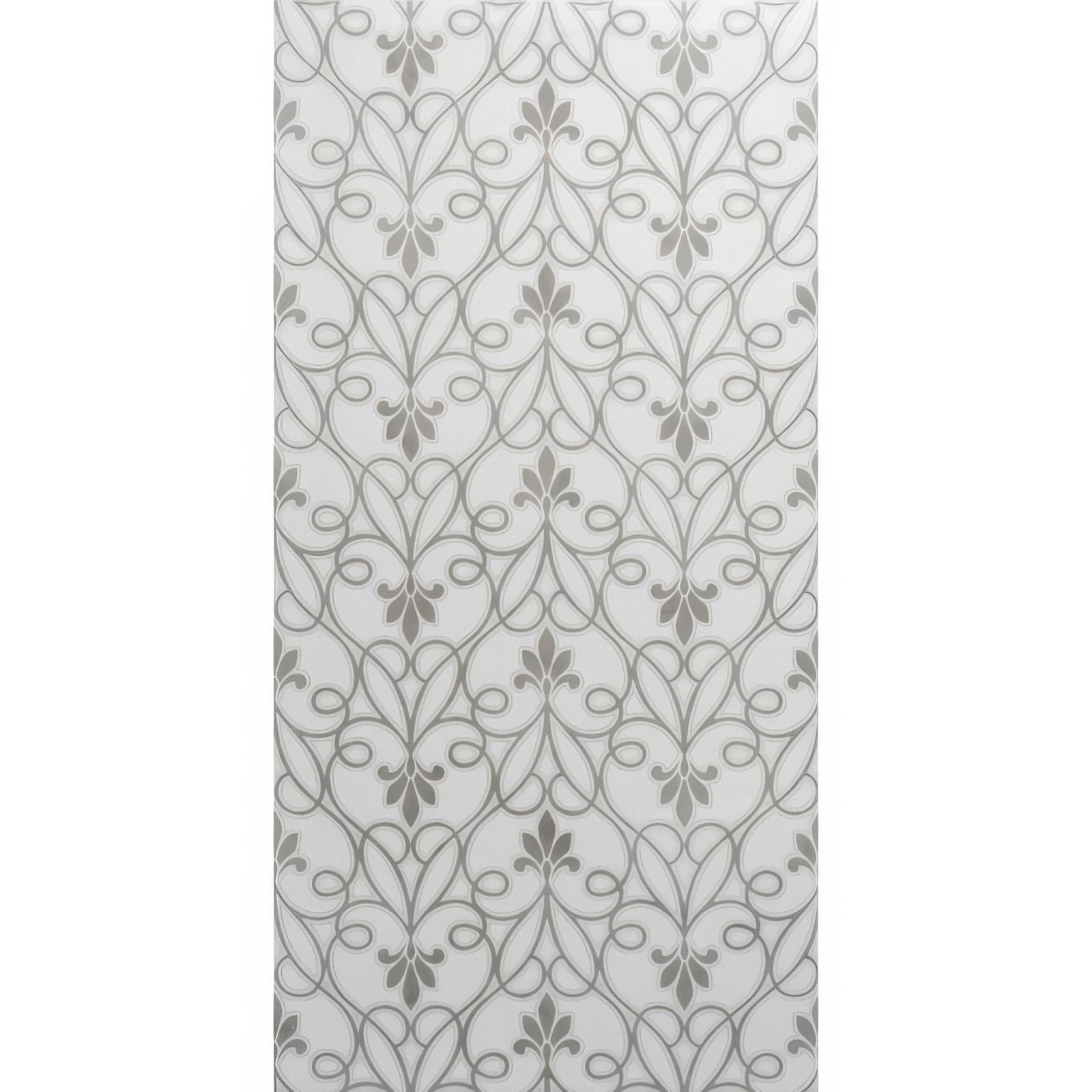 A rectangular translucent white tile palazzo filigrana 60x30cm with silver gray ornamental vine and leaf patterns