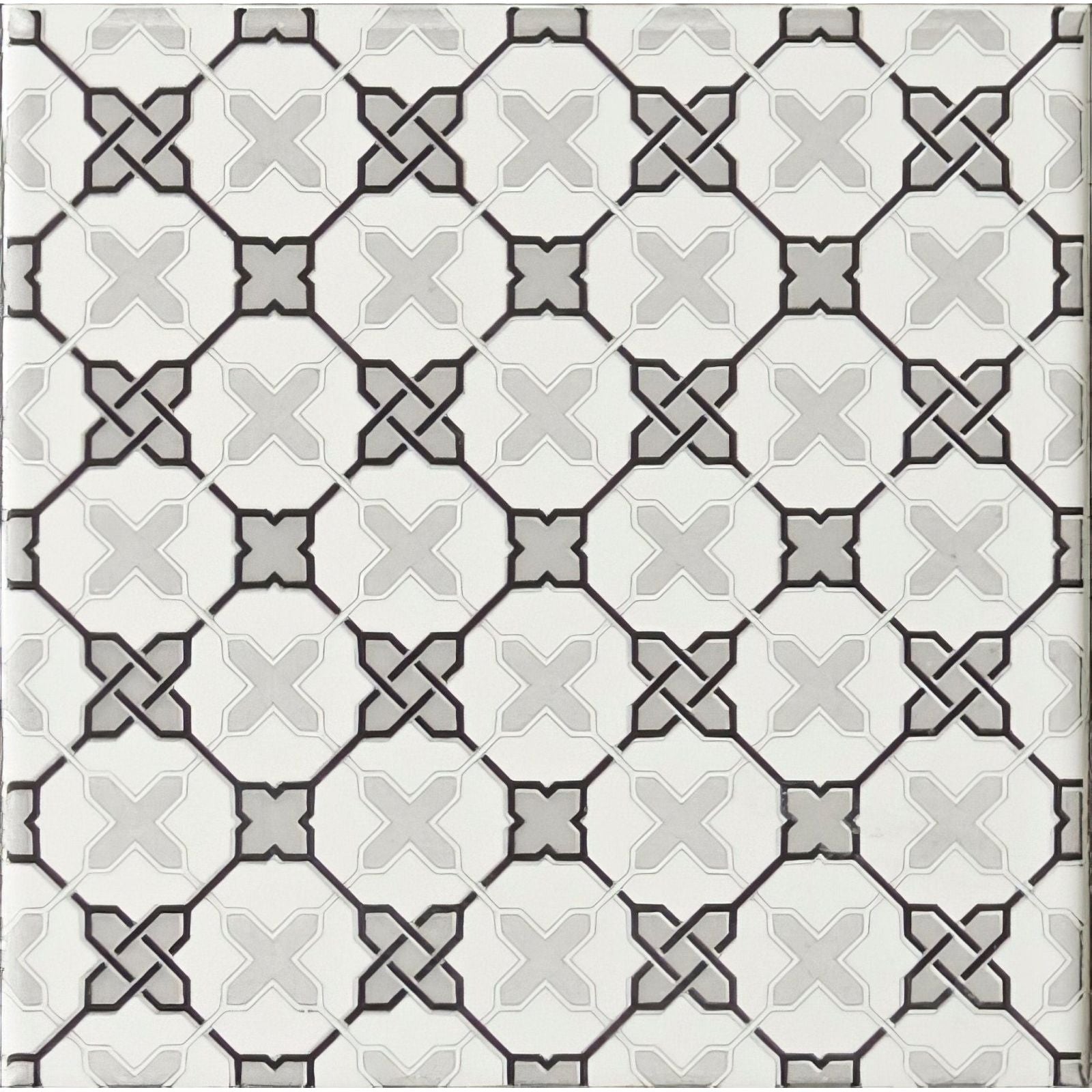 Filigree grey geometric tile with gray and white interlocking x pattern on brilliant white background