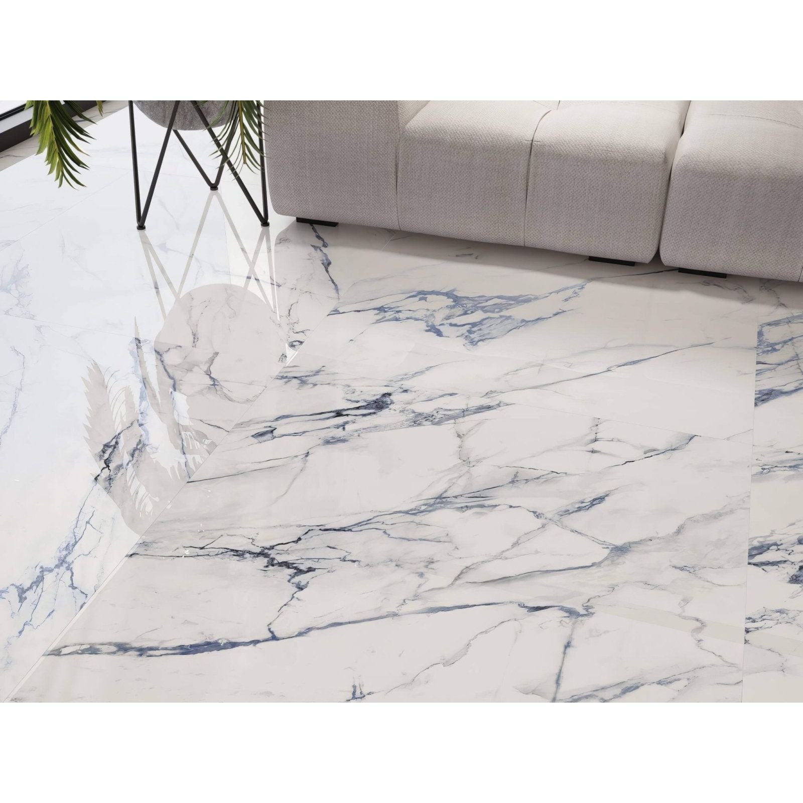 White marble effect floor tiles with elegant gray veining in firenze 1840 blue calacatta polished finish