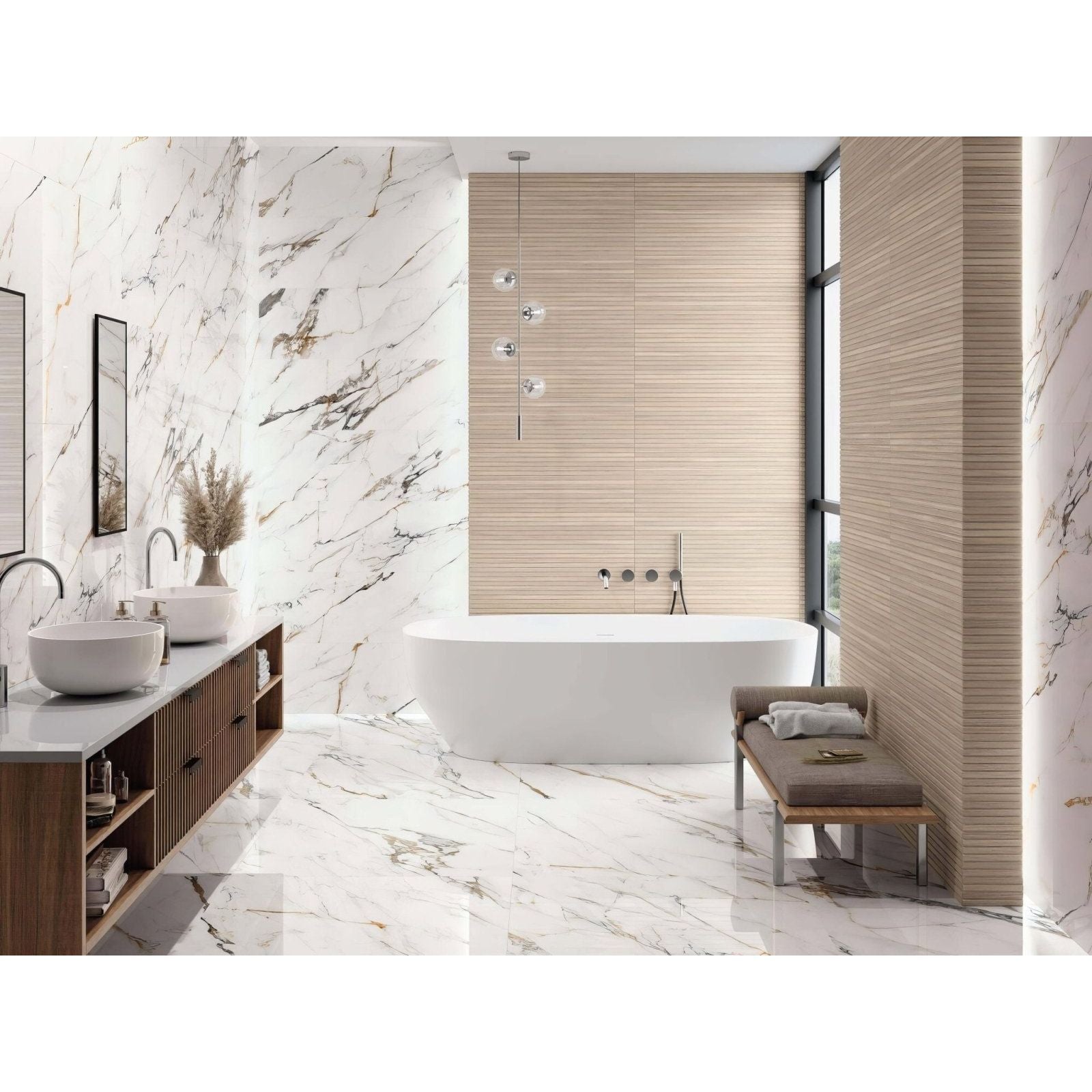 Firenze 1840 Calacatta Gold Polished white marble-effect tiles with a freestanding bathtub