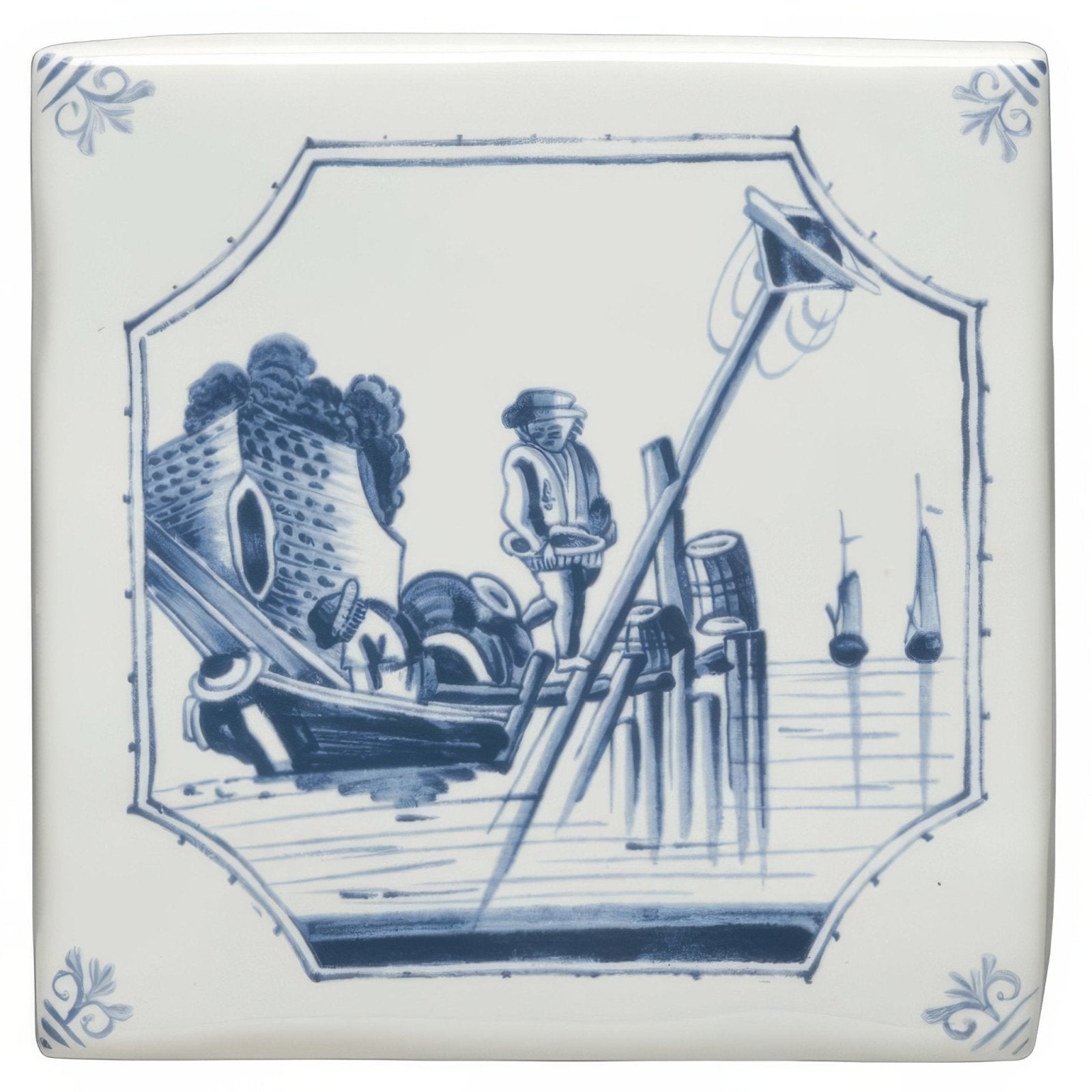 White ceramic tile with blue delftware design showing a fisherman on a dock beside a boat in a river scene