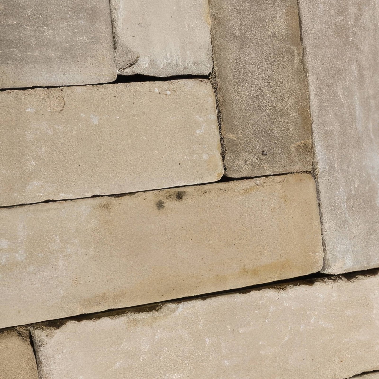 Beige stone flanders buff tumbled clay pavers with rough natural texture and irregular edges for outdoor use