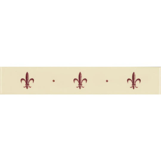 Cream-colored decorative border strip with burgundy fleur de lis motifs and small dots on county white background