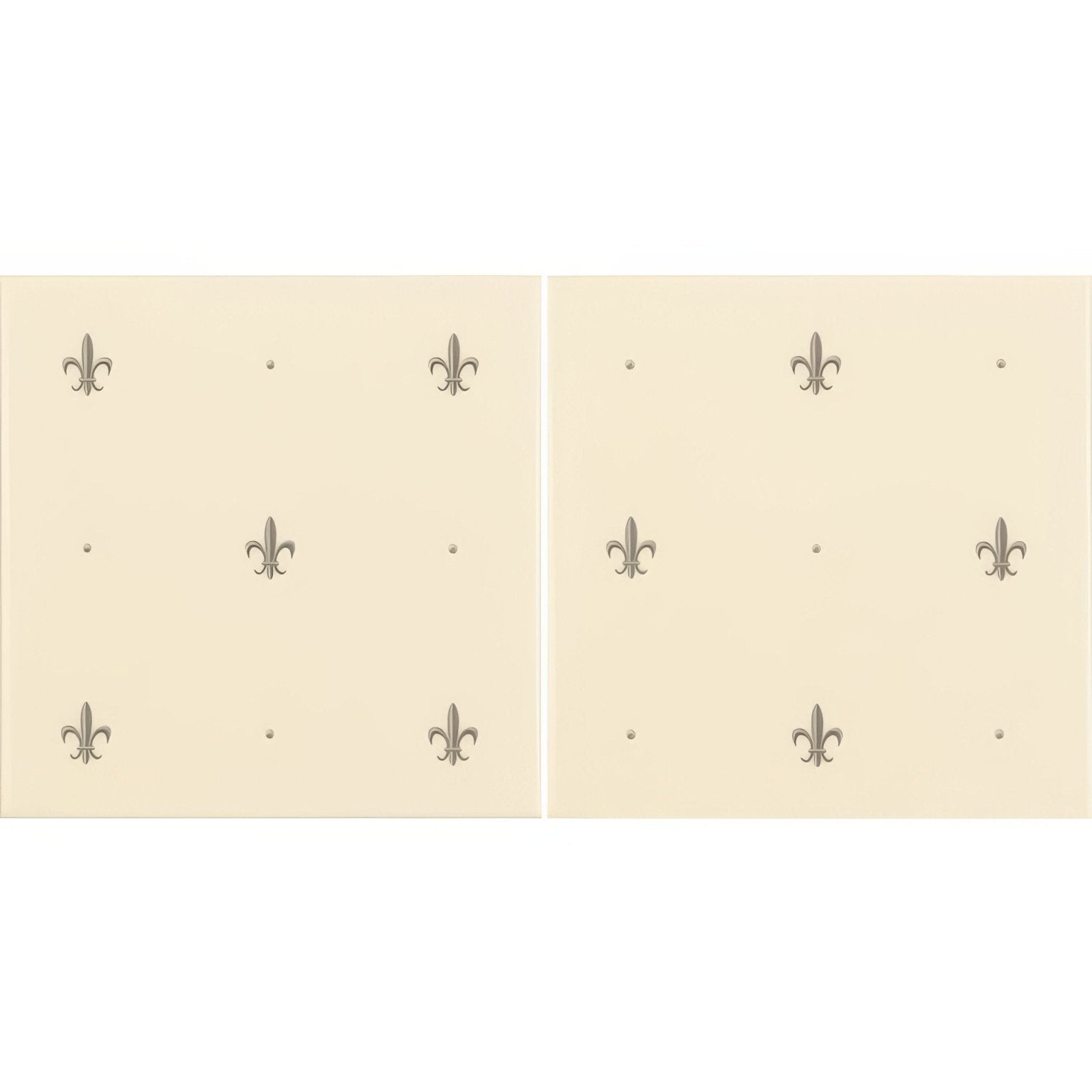 Cream-colored ceramic tiles with subtle metallic silver fleur-de-lis pattern on county white two tile set