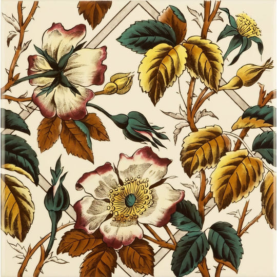Floral trellis continuous pattern with vintage cream and maroon roses on county white beige fabric background