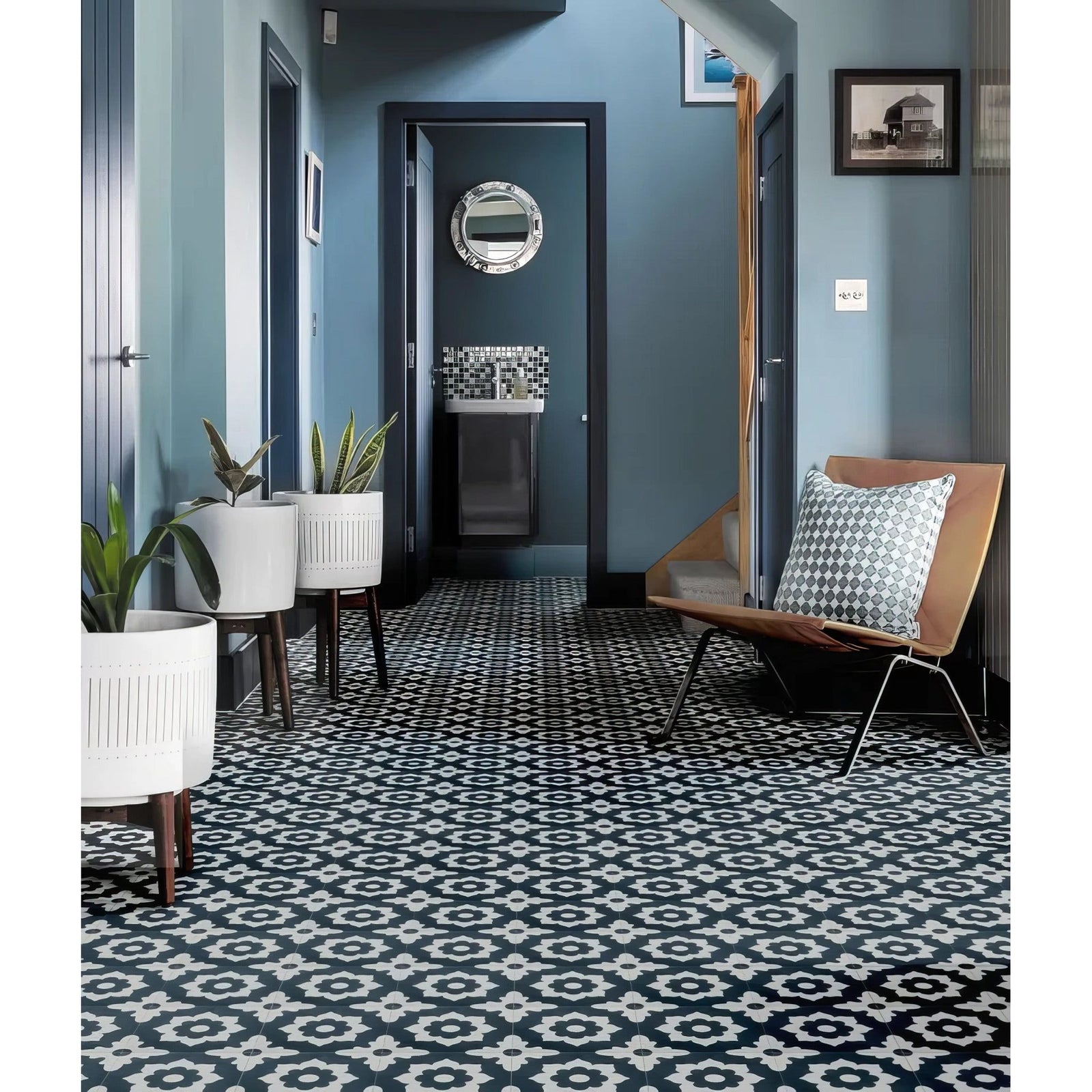 Floris Porcelain Denim Wall & Floor Tile 20x20cm in a bathroom setting