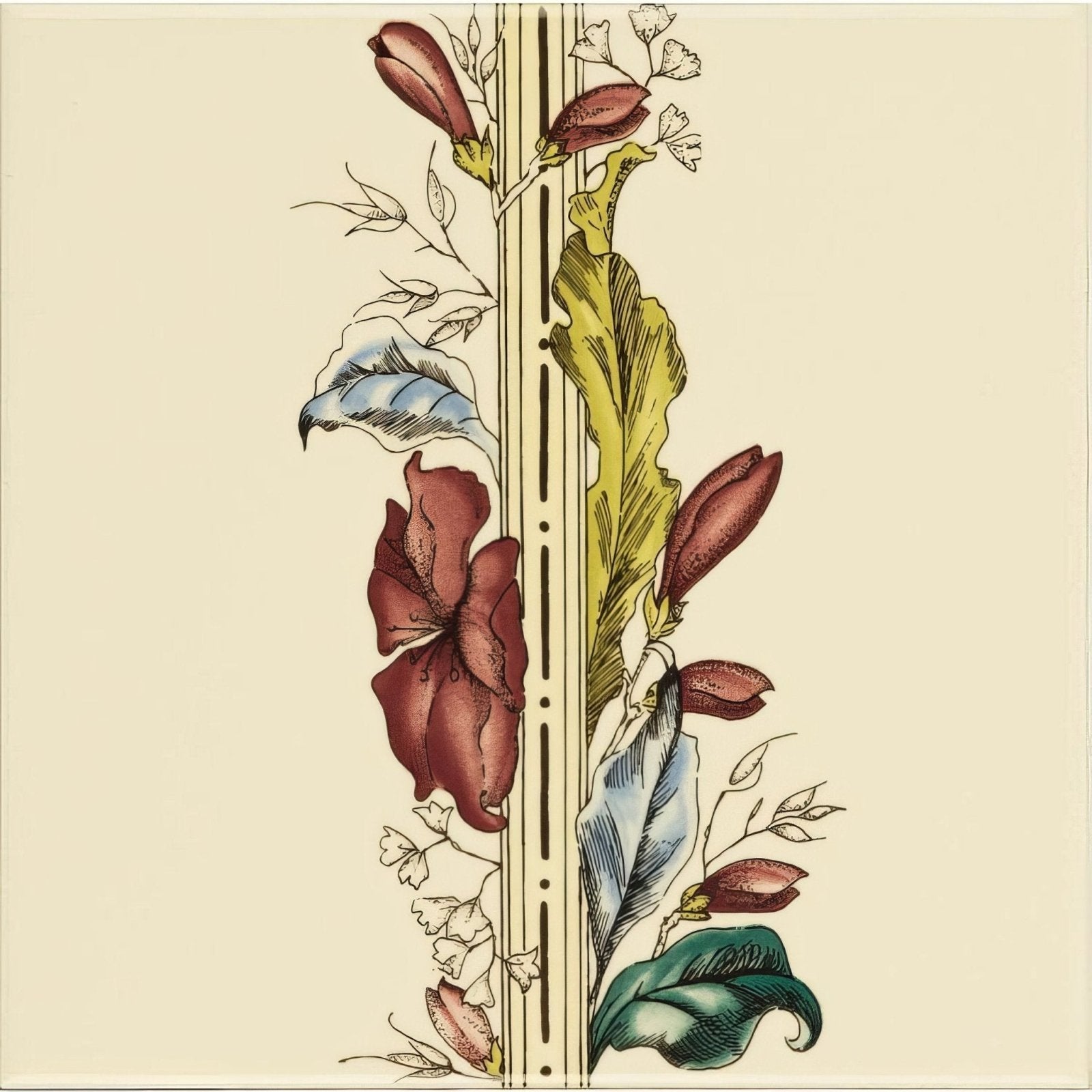 A decorative floral border on county white featuring maroon green and blue blossoms with delicate leaves on cream background