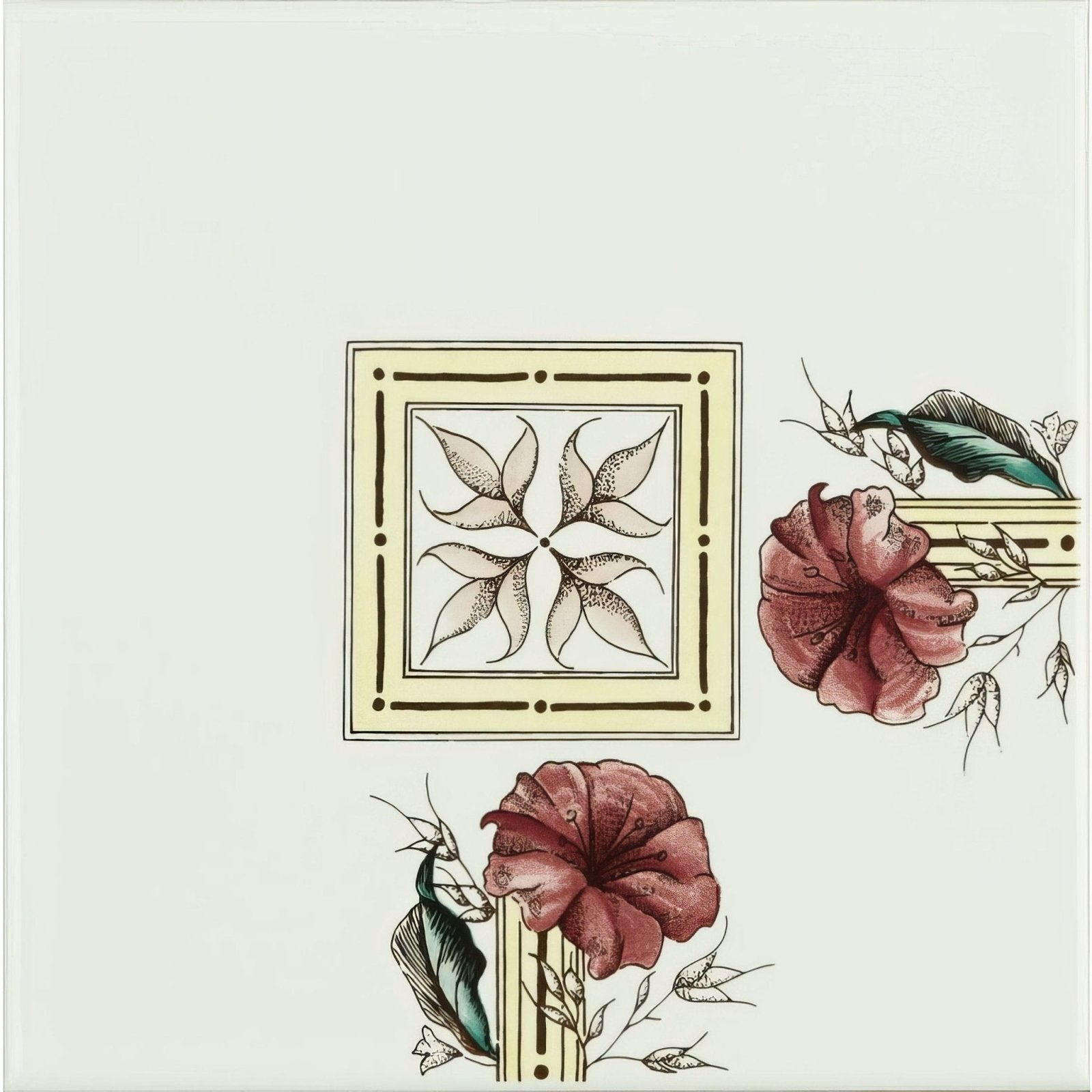 A square ceramic tile flower and foliage corner on brilliant white with cream border black line art and burgundy flowers