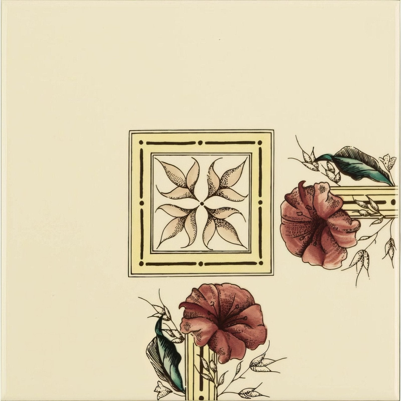 Beige ceramic square flower and foliage corner tile on county white with central framed floral motif and pink hibiscus flowers