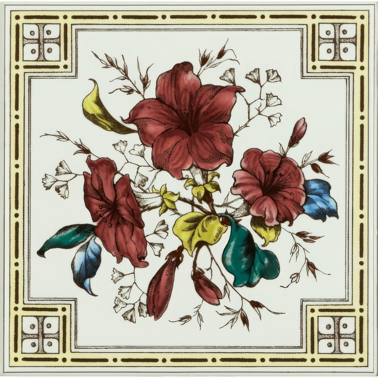 Flower & Foliage Single Tile On Brilliant White