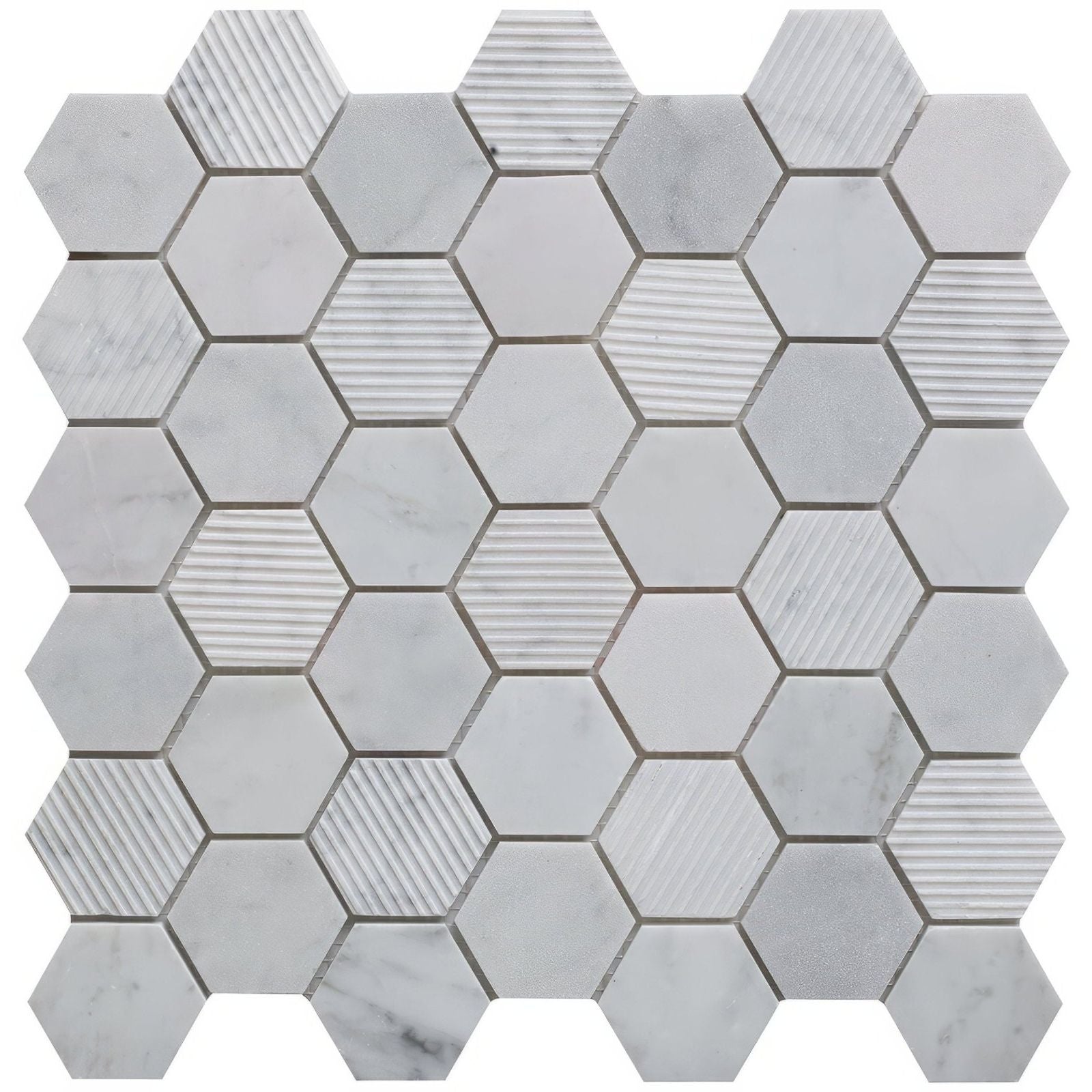 Fog stone hexagon mixed finish marble mosaic with white hexagonal tiles featuring subtle veining and horizontal grooves