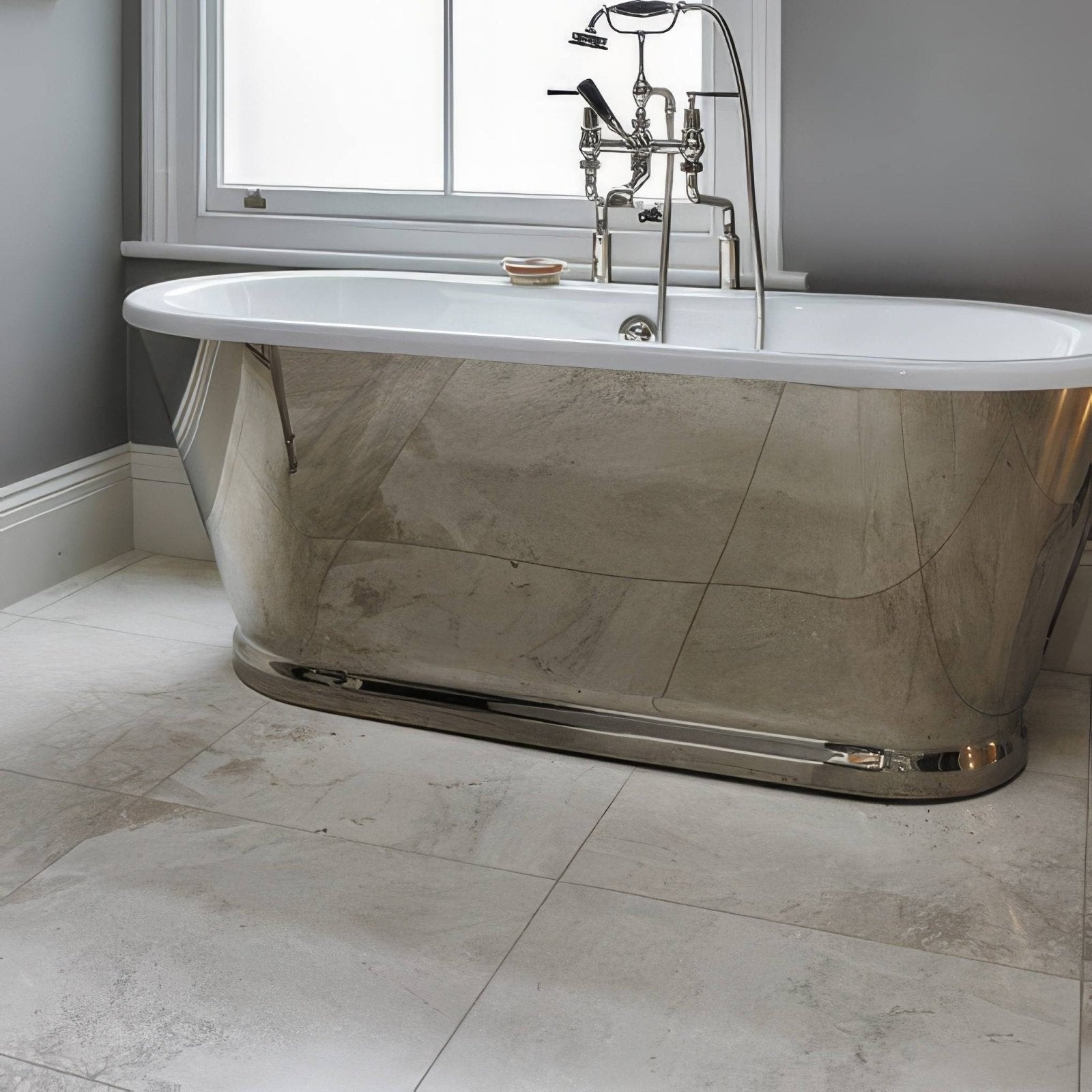 Polished chrome freestanding bathtub with white porcelain rim and classic faucet fixtures in folio marble honed finish 61 x 61cm