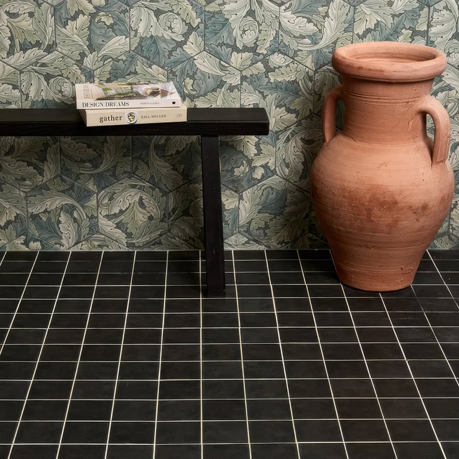 Folly porcelain moss matt terracotta vase with two handles and wide mouth in moss green finish
