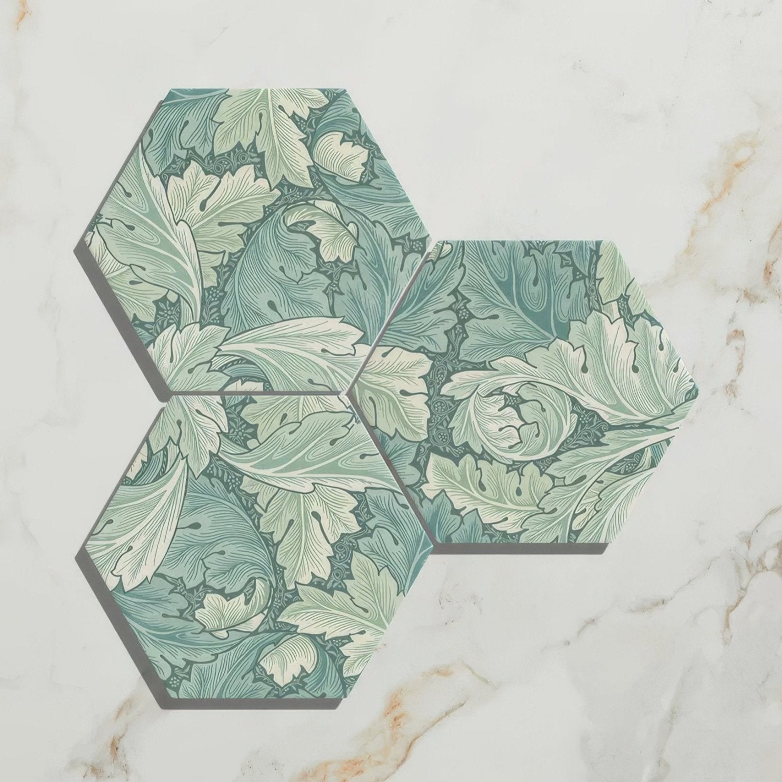 Hexagonal folly porcelain moss matt tiles with intricate teal and cream leaf pattern in matte finish