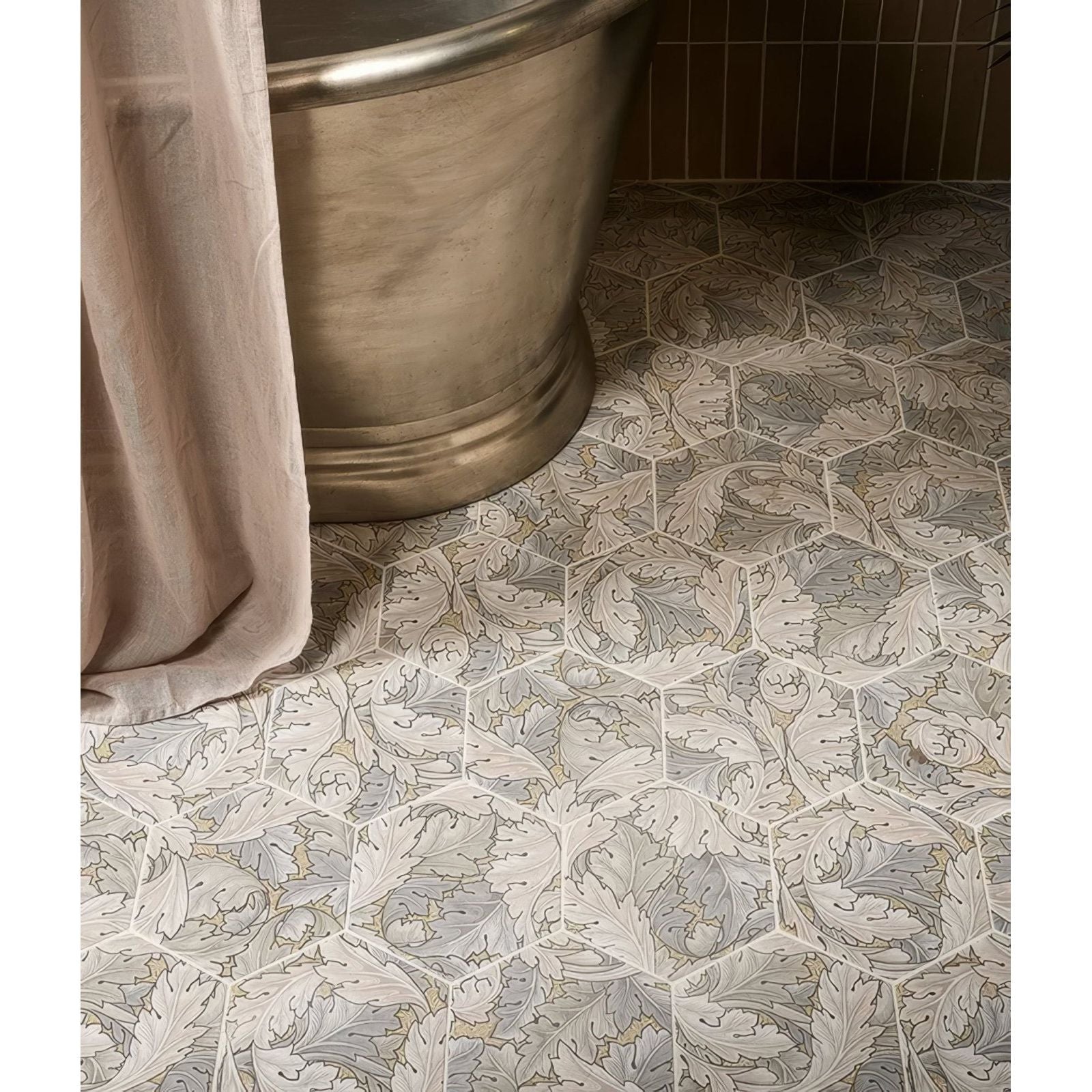 Hexagonal folly porcelain sand matt floor tiles with intricate vintage leaf pattern in muted gray and beige tones