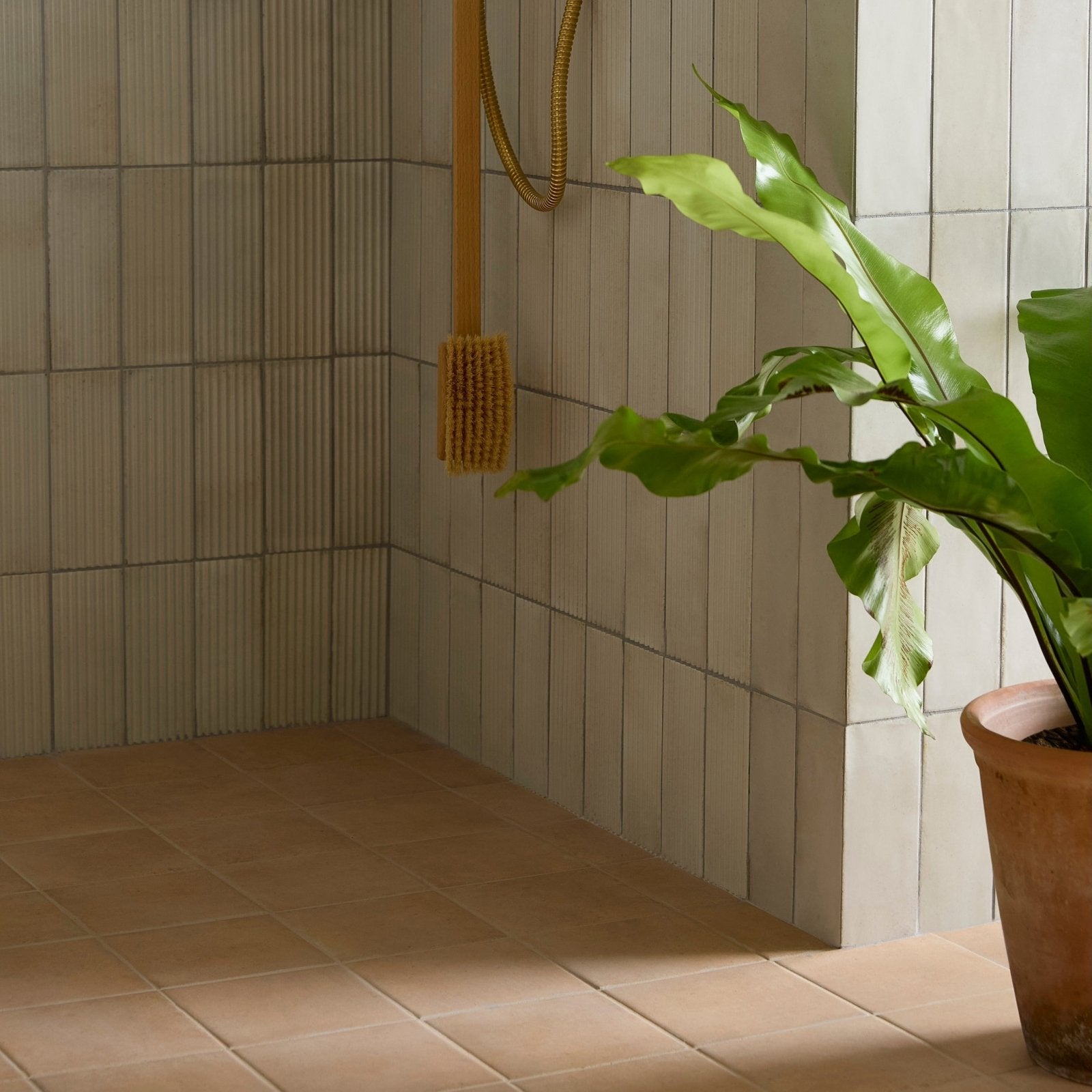 Fontenay Porcelain Pleated Wall Tiles beige pleated porcelain tiles with a potted green plant in a terracotta pot