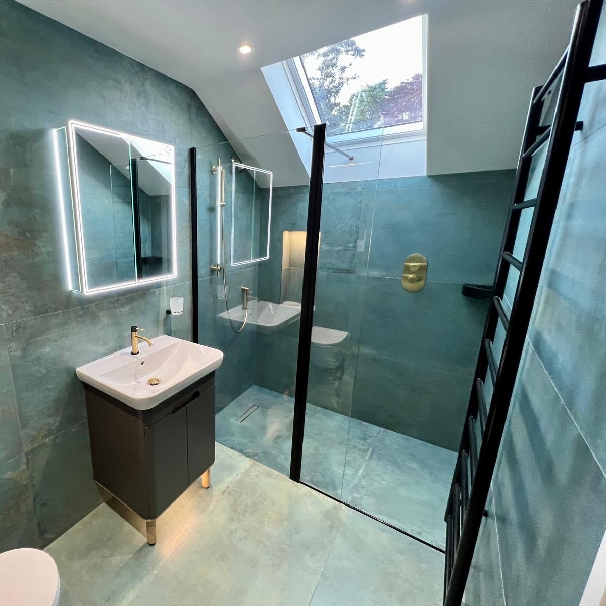 Forged Emerald Porcelain Tile teal-green porcelain tile in a bathroom